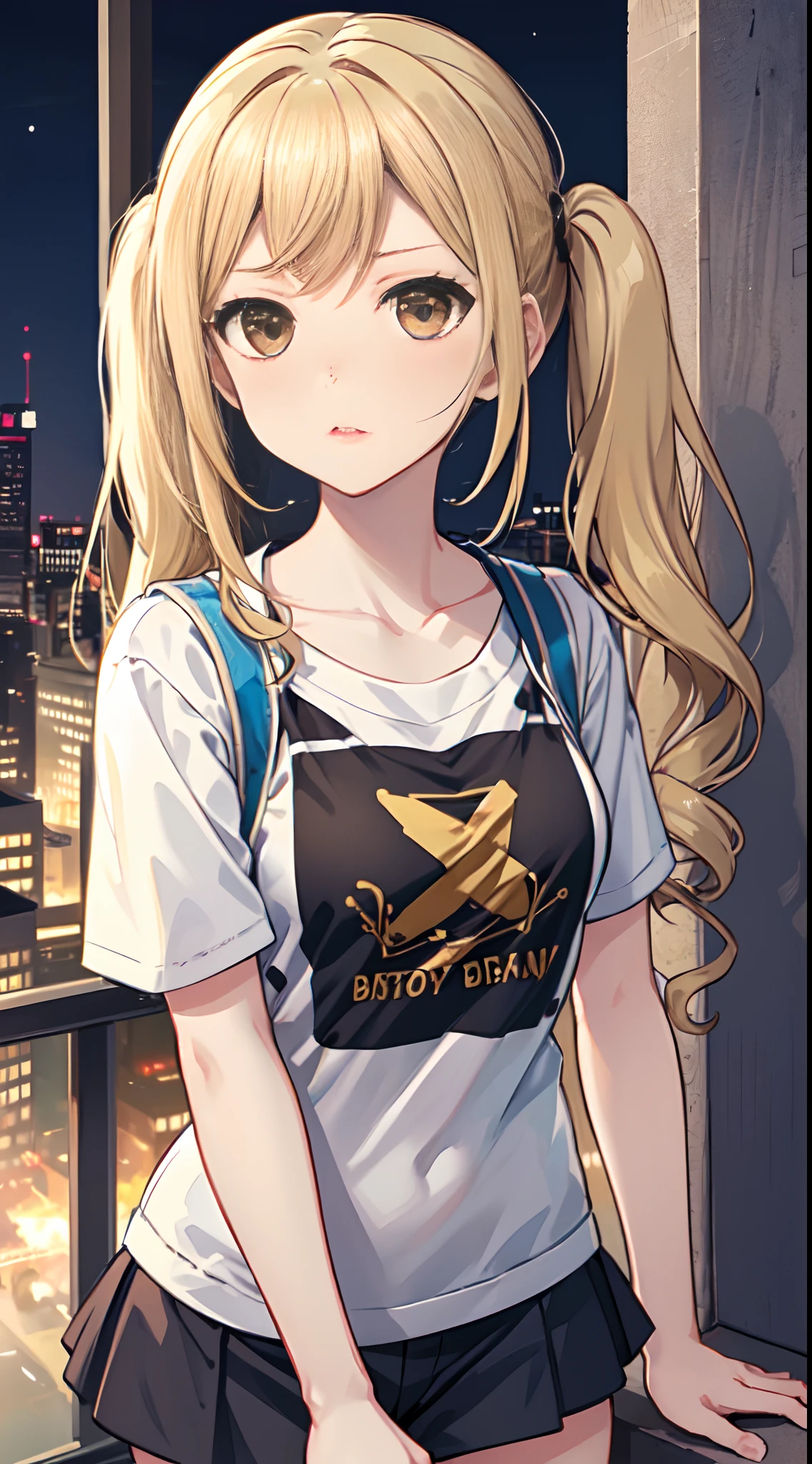 arisa, bang dream, 1girl, solo, long blonde hair, pigtails, cross-shaped hair tie, light brown eyes, grumble, t-shirt, city, dark blue night.