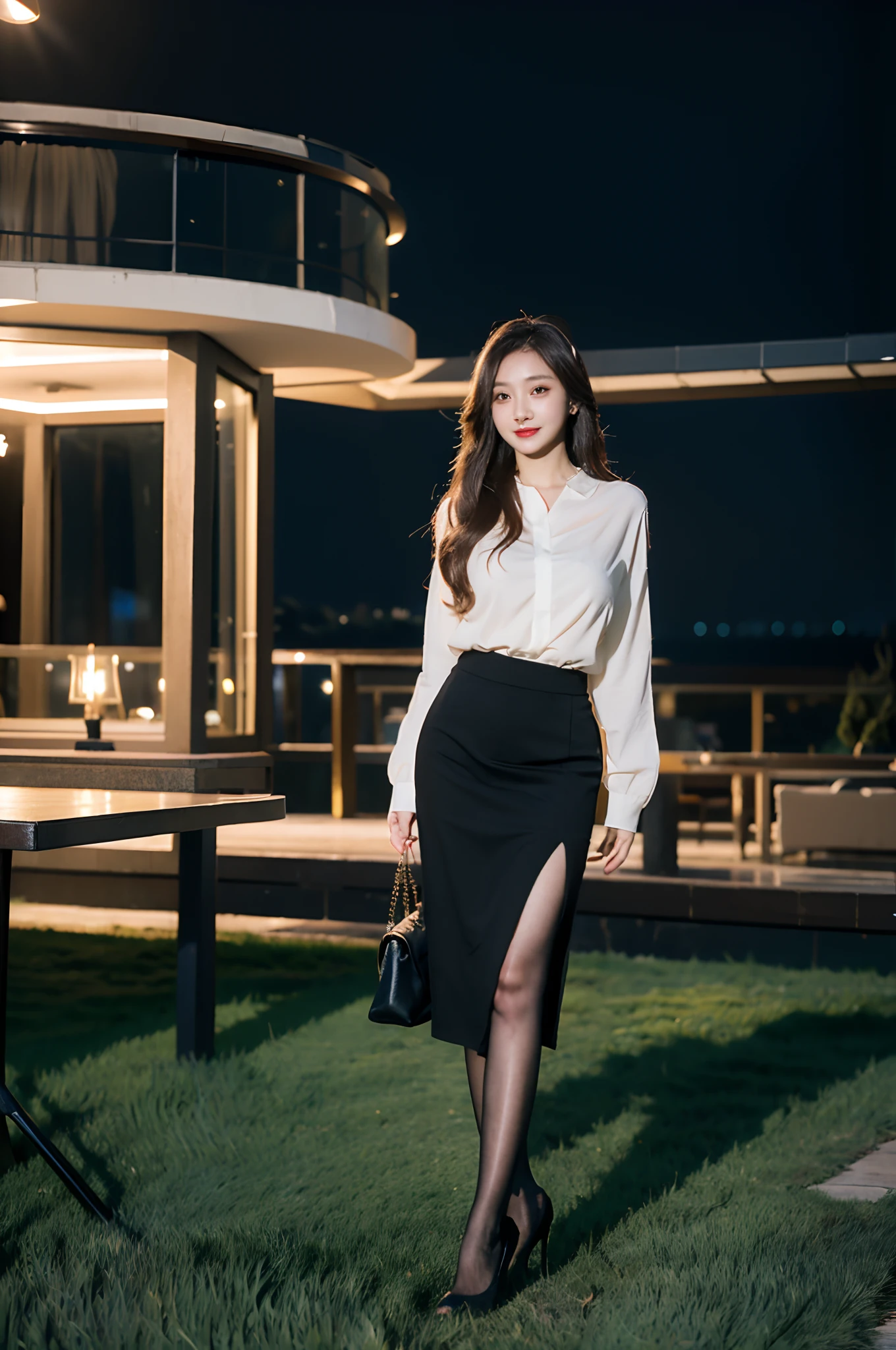 Best quality,Masterpiece,超高分辨率,(Realisticity:1.4),Original photo,Cinematic lighting,
1girll,Smile,Ocean,Pantyhose,Stiletto heels,Leather skirt,huge tit,largeeyes,standing on your feet,On the lawn