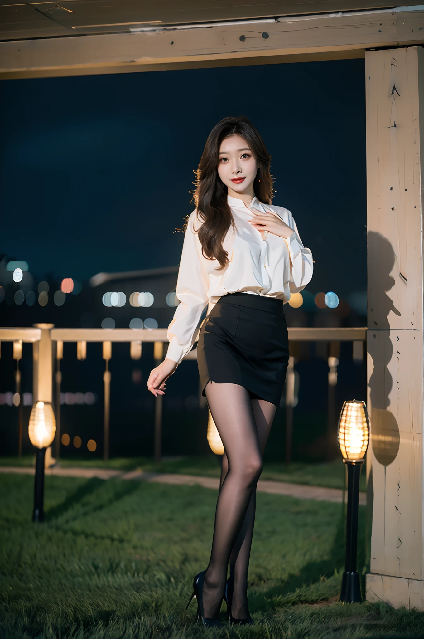 Best quality,Masterpiece,超高分辨率,(Realisticity:1.4),Original photo,Cinematic lighting,
1girll,Smile,Ocean,Pantyhose,Stiletto heels,Leather skirt,huge tit,largeeyes,standing on your feet,On the lawn