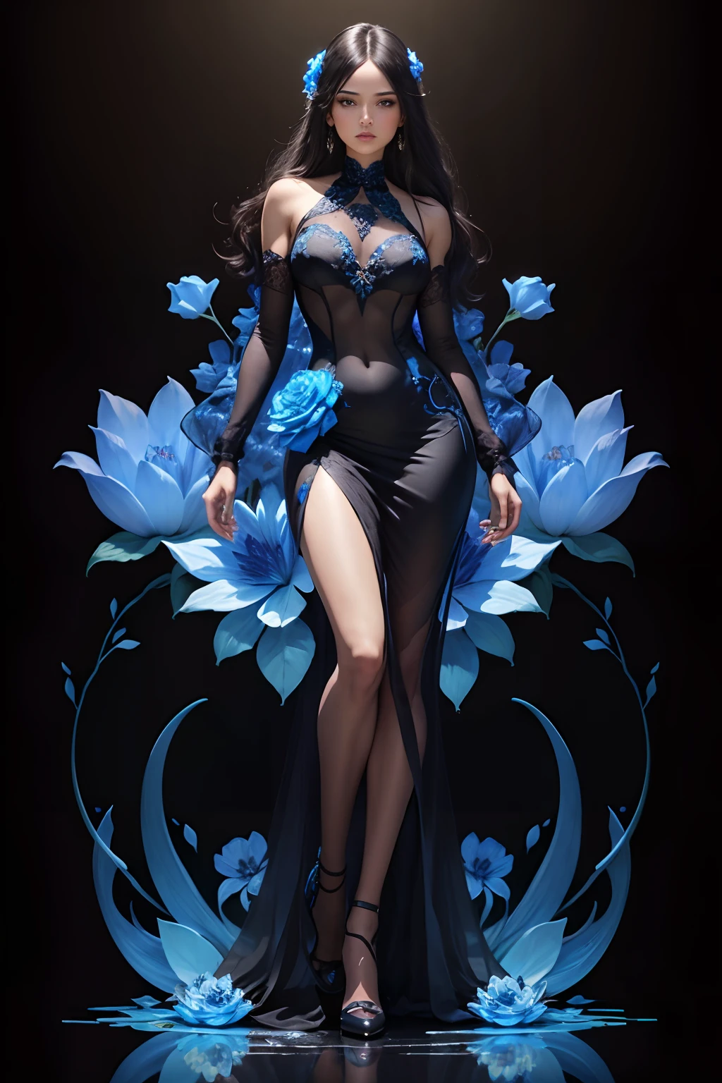 a full body shot beautiful glass woman and flowers made of blue glass black background 24k resolution