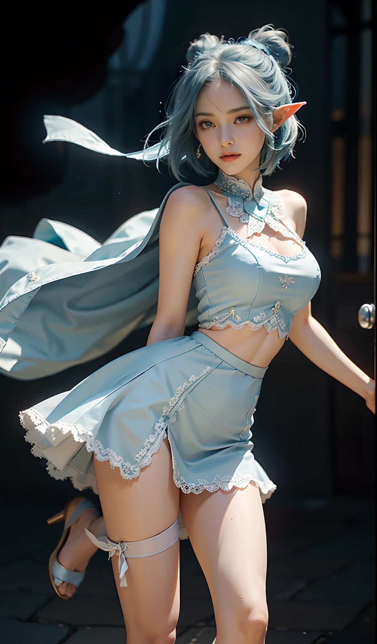 (Extremely normal body:2.0)A gorgeous stage background:1 Elf beauty,White crop top top,(Elf long ears),Light blue ultra-short hair,extra very short hair,A bun,Blue-lace-trimmed maxi dress),Long blue dress,Skirt that reaches the feet,White short stockings,Stocking feet,two longer legs,Normal feet , very detailed eyes and faces, Sharp pupils, realistic pupil, tack sharp focus, cinmatic lighting,full bodyesbian,Bigboobs,long leges,From the front side,dynamicposes,Normal posture,closeup of face