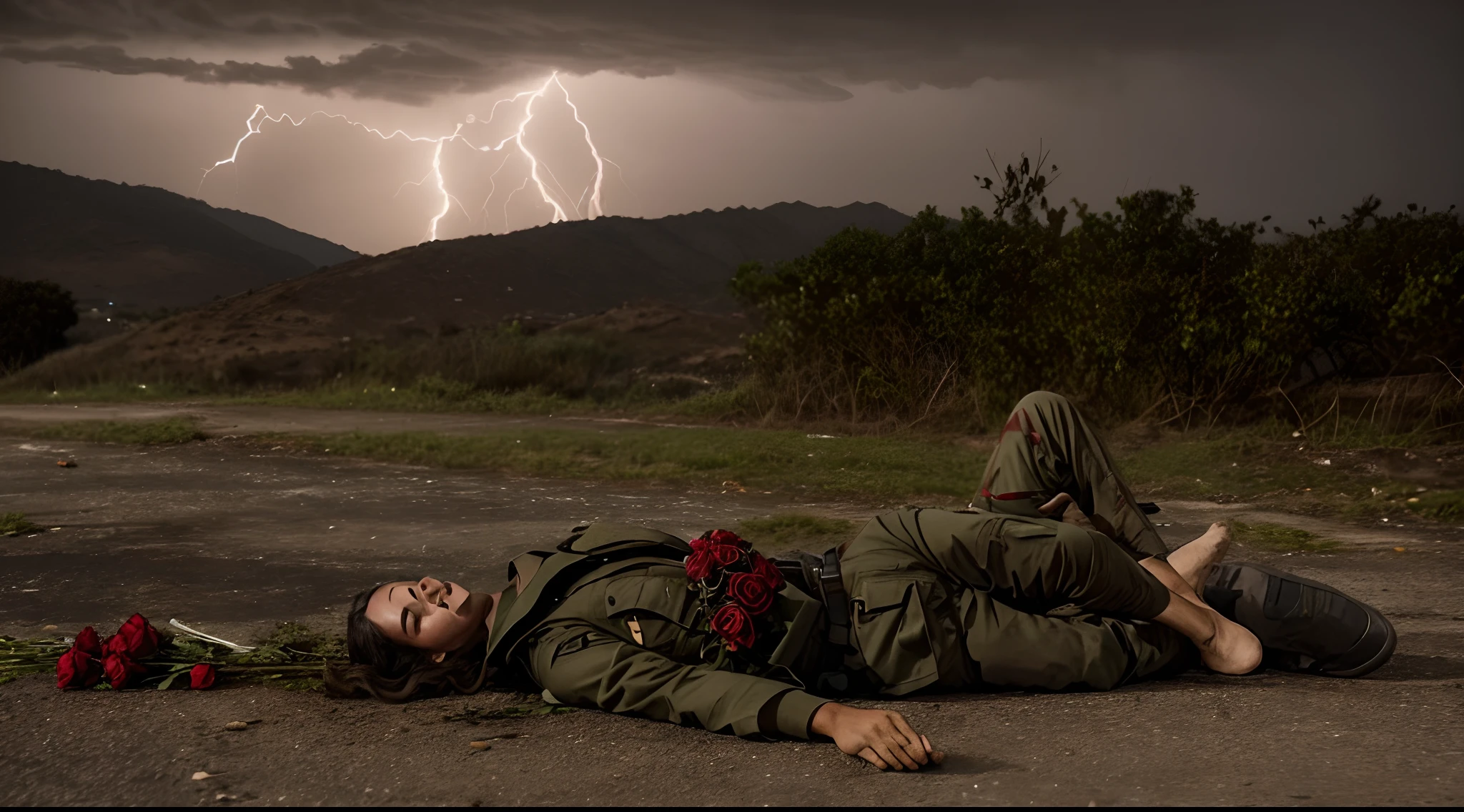 Um homem e uma mulher, brigando na rua estreita. blood on the ground. Lightning and thunder, Raiva no rosto. blood on the ground. Roses on the ground. flowers on the ground. Cena do filme o resgate do Soldado Ryan; cenas do filme 1917