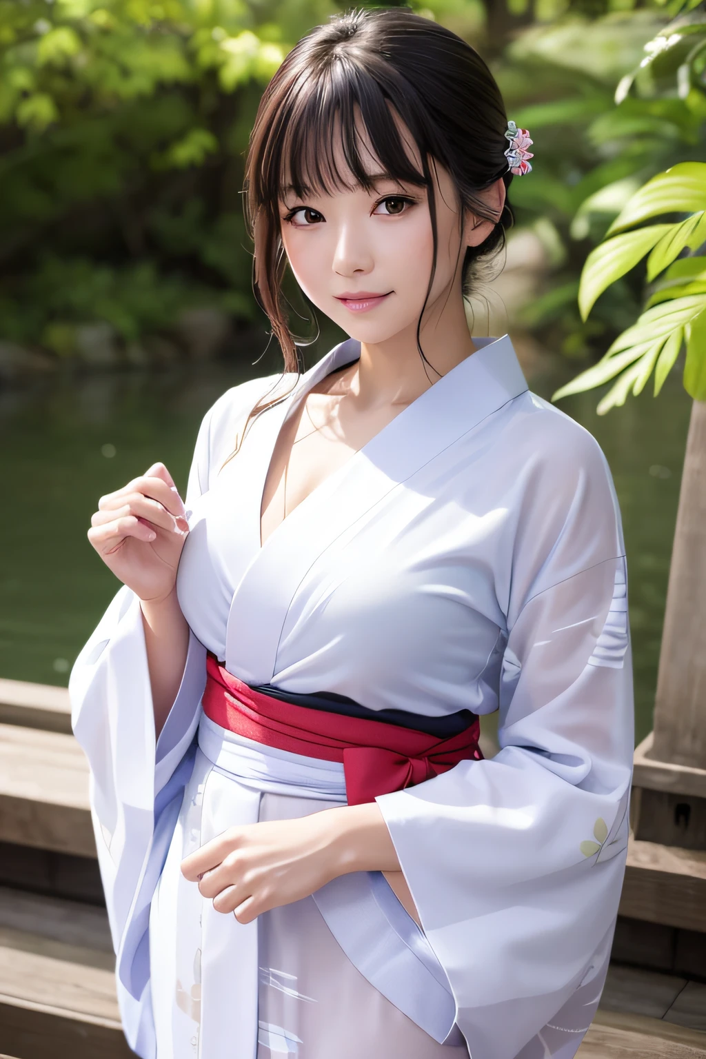 ((of the highest quality, 8K, masutepiece: 1.3, Raw photo)), Sharp Focus: 1.2, (1 AESPA Girl :1.1), Solo, (Realistic, Photorealistic: 1.37), (Face Focus: 1.1), Cute face, hyperdetailed face, (updo: 1.2), Small Smile, Japanese theme, flower pattern kimono, Washi background, standing at the Japan Garden, Under Lamp Light, cinematic lighting, Beautiful Japanese makeup, A beautiful woman that symbolizes Japan culture, from below angle, thigh, Small breasts, flat chest,