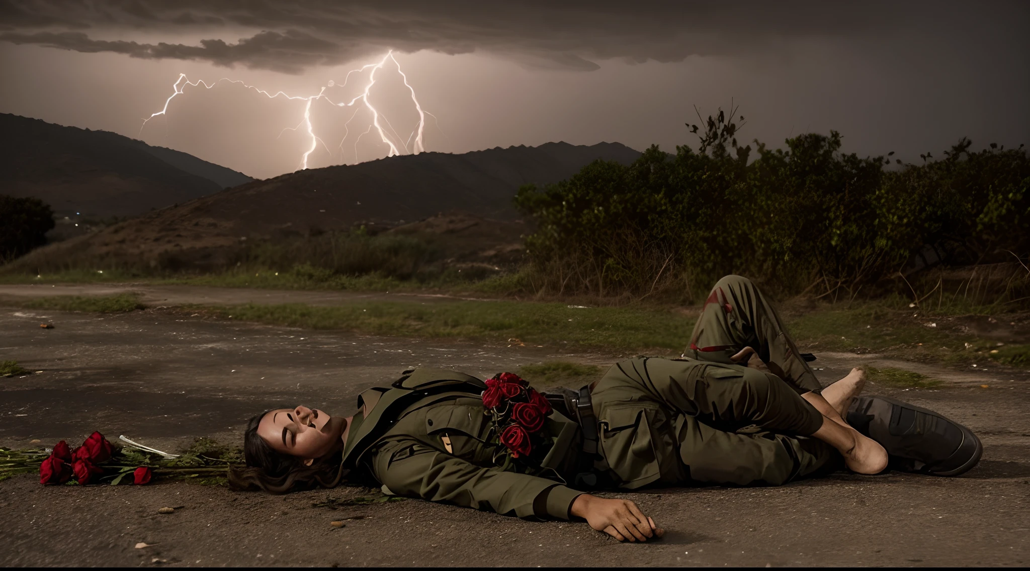 Um homem e uma mulher, brigando na rua estreita. blood on the ground. Lightning and thunder, Raiva no rosto. blood on the ground. Roses on the ground. flowers on the ground. Cena do filme o resgate do Soldado Ryan; cenas do filme 1917