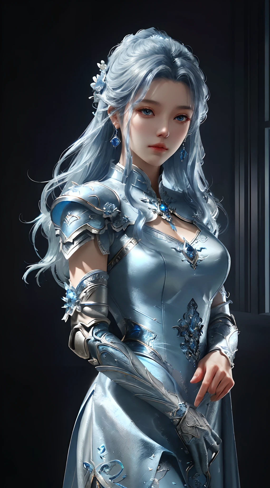 a close up of a woman in a silver and blue dress, chengwei pan on artstation, by Yang J, detailed fantasy art, stunning character art, fanart best artstation, epic exquisite character art, beautiful armor, extremely detailed artgerm, detailed digital anime art, artgerm on artstation pixiv, armor girl