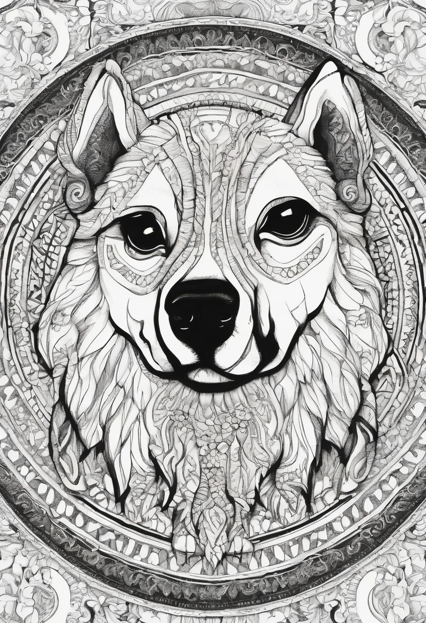 vibrant color drawing of a simple cute dog based mandala
