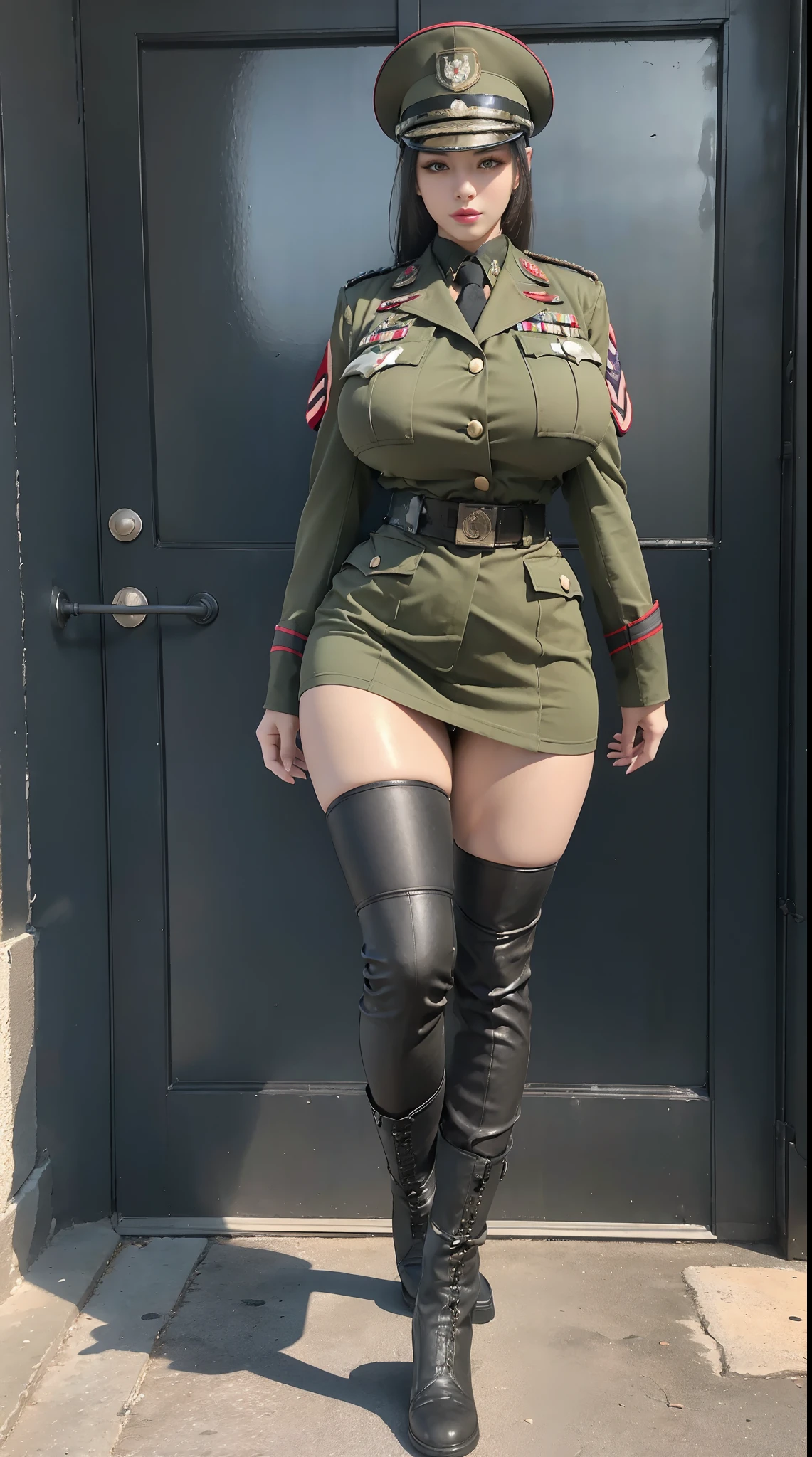 physically-based rendering, 1girl, Female soldier, (huge fake breasts:1.2), (street city), sexy muscular body, slim waist, big buttocks, (Full body:1.3), walking, skintight army skirt, (military uniform:1.3).