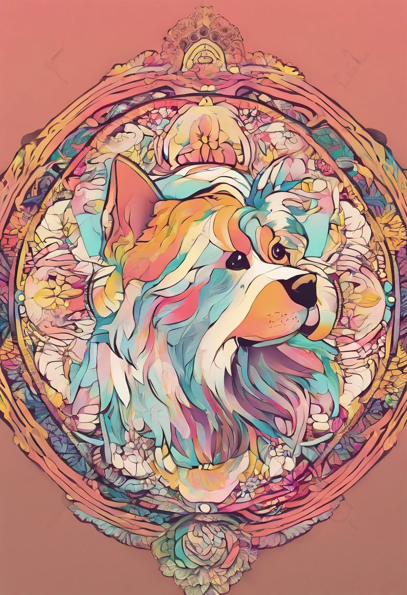 vibrant color drawing of a simple cute dog based mandala