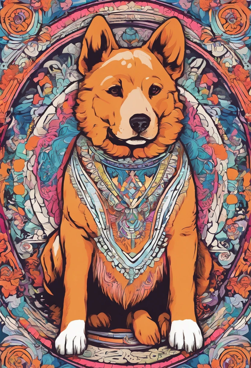 vibrant color drawing of a simple cute dog based mandala