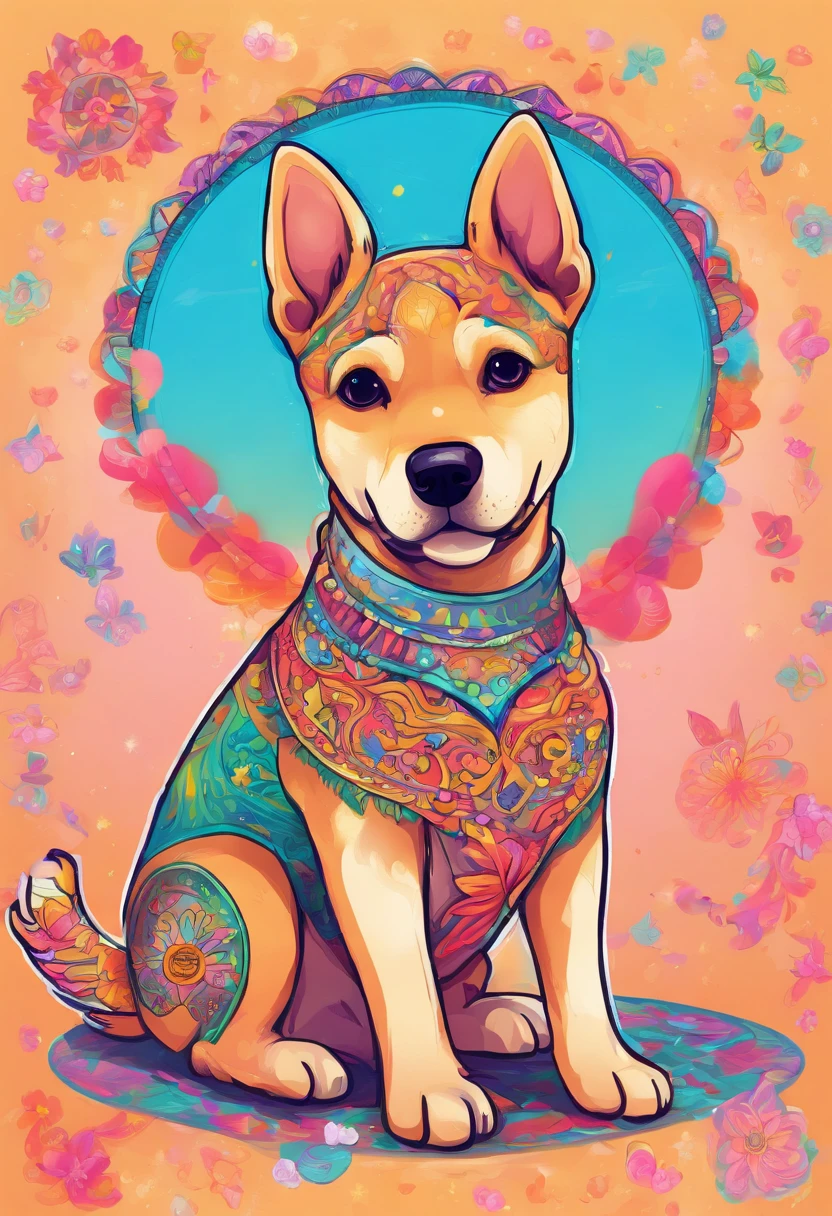 vibrant color drawing of a simple cute dog based mandala