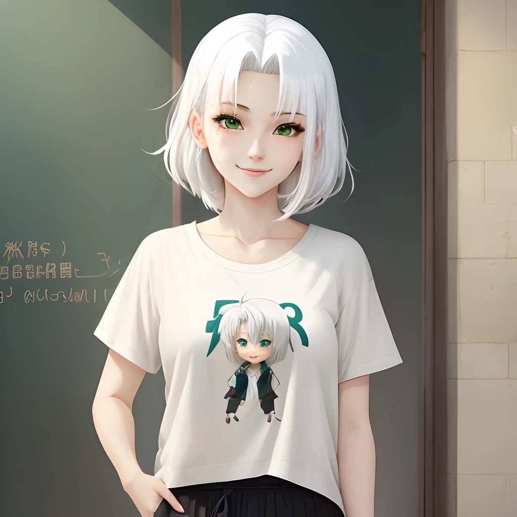 Anime, girl, ufotable, white hair, green eyes, smirk, modern outfit with white t-shirt, little bit pervert