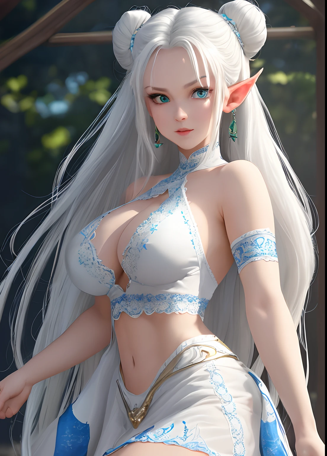 （Extremely normal body：2.0）A gorgeous stage background：1 Elf beauty，White crop top top，(Elf long ears)，Extra-long silvery-white hair，extra very long hair，A bun，Blue-lace-trimmed maxi dress)，Long blue dress，Skirt that reaches the feet，White short stockings，The barefoot，two longer legs，Normal feet ， very detailed eyes and faces， Sharp pupils， Realistic green pupils， tack sharp focus， cinmatic lighting，full bodyesbian，Bigboobs，long leges，From the front side，dynamicposes，Normal posture，closeup of face