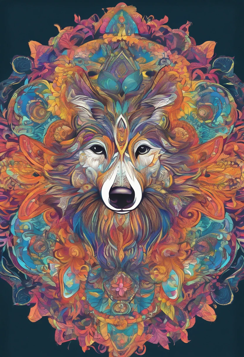 vibrant color drawing of a simple cute dog based mandala