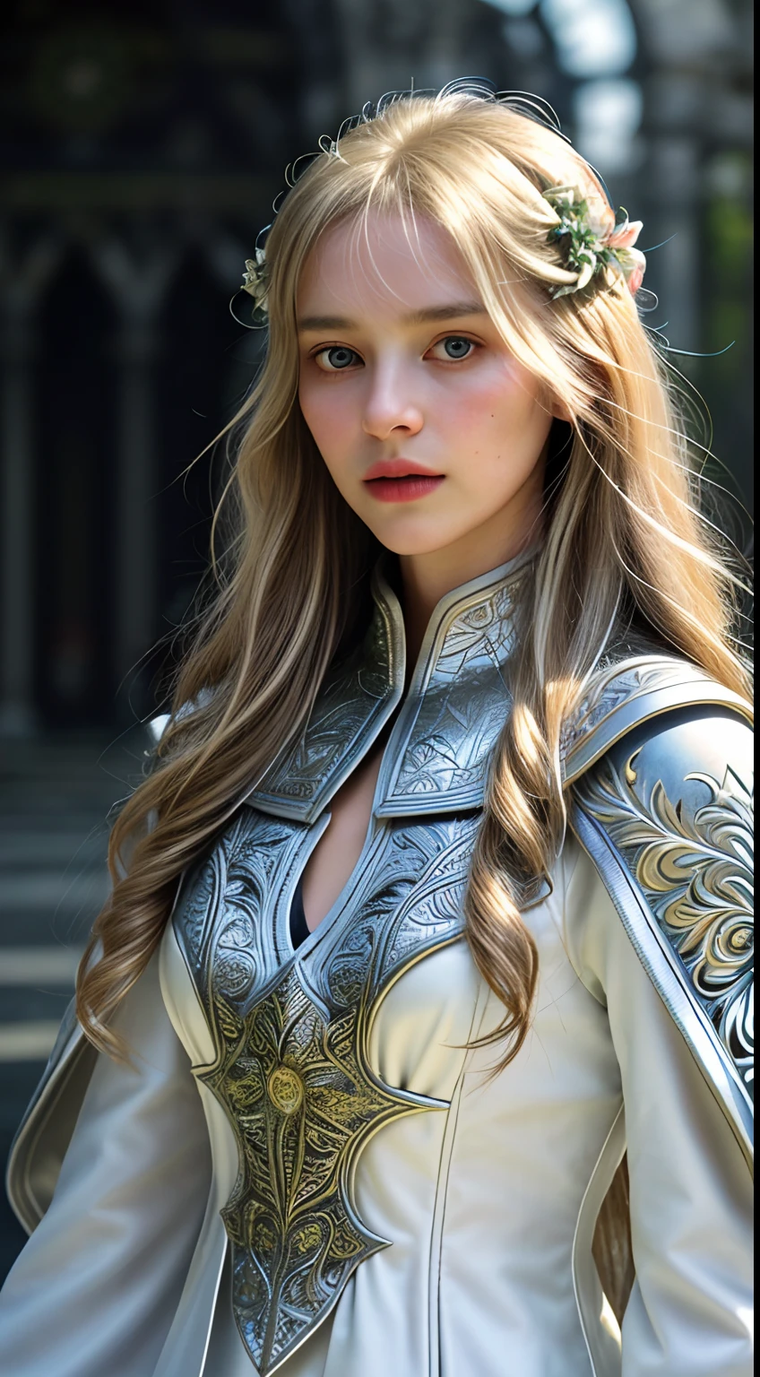 Extremely detailed RAW photo, (rogue thief:1.2) european nordic 19yo female wearing stitched layer (leather armor:1.2), (embroidered white silk cloak), (fabric with intricate pattern:1.2), (insanely detailed, bloom:1.3), (highest quality, Alessandro Casagrande, Greg Rutkowski, Sally Mann, 8k), (analog:1.2), (high sharpness), (detailed pupils:1.2), detailed face and eyes, masterpiece, best quality textures, (highly detailed floral patterns:1.1), photorealistic, ecstatic:1.1), (young woman:1.2), By jeremy mann, by sandra chevrier, by maciej kuciara, sharp, (perfect body:1.2), half body (gothic temple background:1.1), sunset, god rays, blonde long hair, midshot, centered image, ultra detail, extremely face detail, extremely eye detail