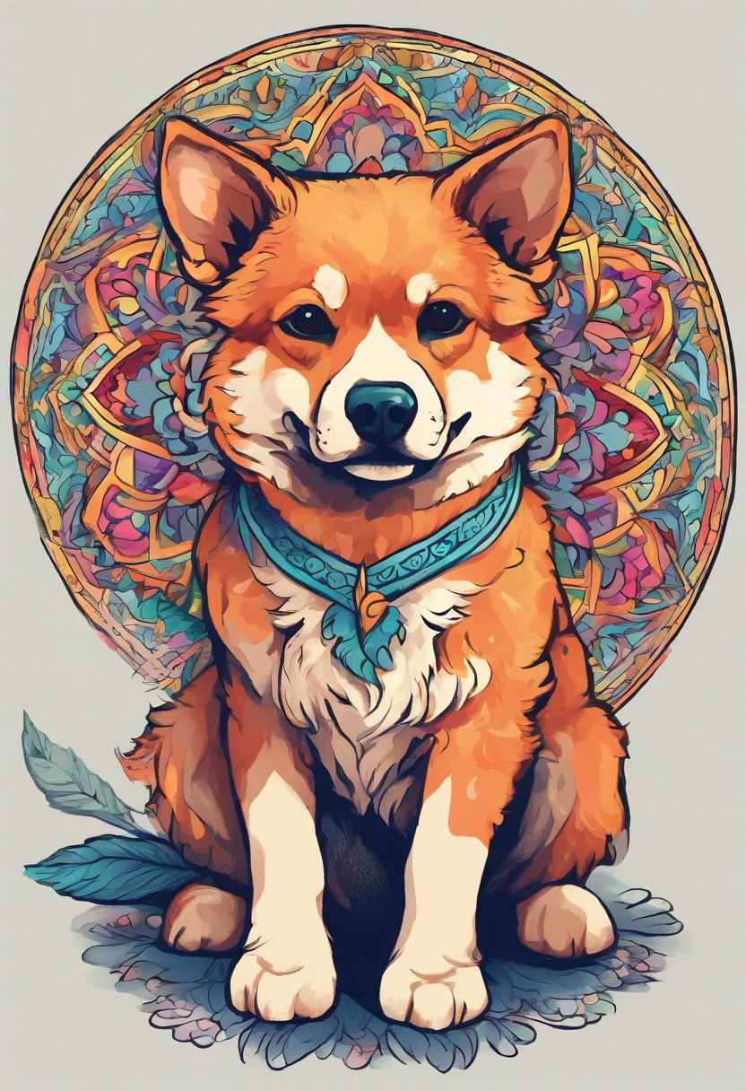vibrant color drawing of a simple cute dog based mandala