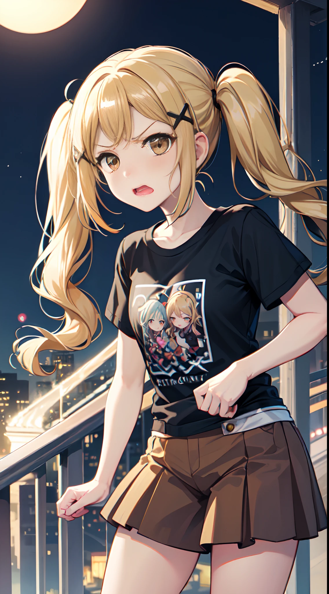 arisa, bang dream, 1girl, solo, long blonde hair, pigtails, cross-shaped hair tie, light brown eyes, angry, cute, t-shirt, city, dark blue night.