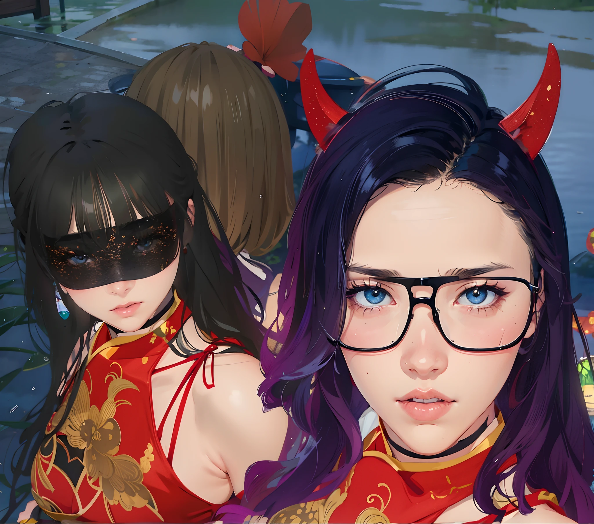 2girl, breasts, moon, lantern, night, solo, large breasts, hair ornament, wet, kimono, japanese clothes, wading, water, hair flower, flower, outdoors, sky, full moon, rain, black hair, off shoulder, mountain, cloud, holding, sash, bare shoulders, paper lantern, standing, white kimono, night sky, sideboob, obi, wet clothes, bangs, tree, from side, reflection, short hair, cloudy sky, wet hair (((masterpiece),(extremely detailed CG unity 8k wallpaper),best quality,,solo,1girl,cinematic lighting,detailed background,beautiful detailed eyes,bright pupils, (an extremely delicate and beautiful),(Beautiful and detailed eye description)， ultra-detailed,masterpiece,)),
