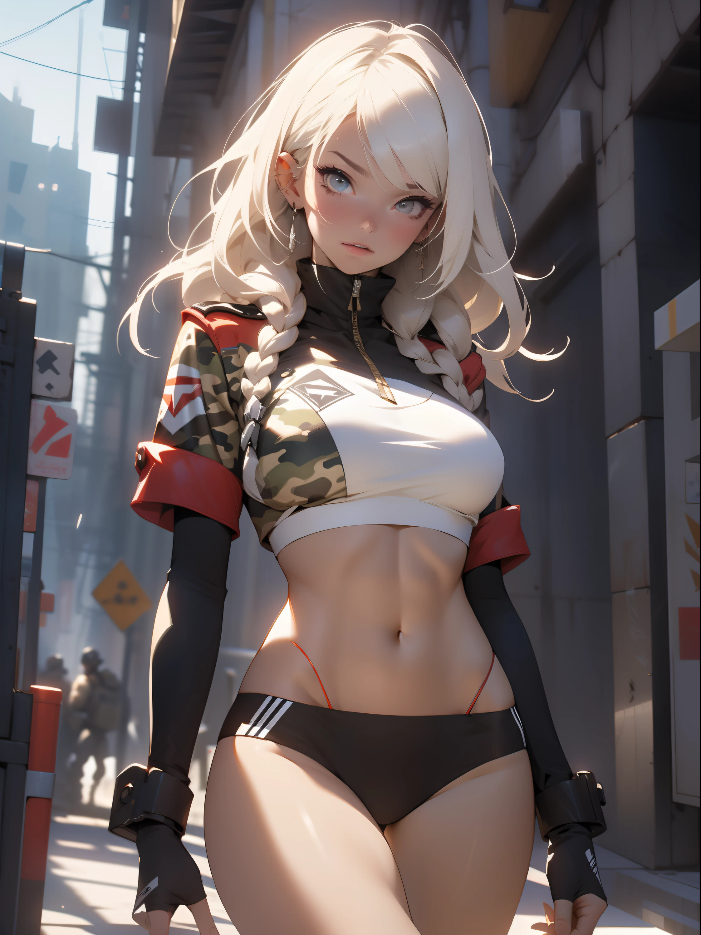 ((Best quality)), ((Masterpiece)), (Detailed: 1.4), (Absurde), A female fighter pilot ready for war in a military bikini, marin, dark skinned, slim body defined, corps entier, Cuisses nues, mouth closed,  Cyberpunk, half-naked, generous neckline, ((Perfect huge breasts)), (Yeux bleu clair super clairs sans pupilles), (((Bikini camouflage militaire)),  (((cheveux blancs avec tresse)))), longs cils maquillage lourd, porte-jarretelles, jumeler beaucoup, niji --V5, close to real, psychopathe, visage parfait, sexy pose, Background city, 2 piece clothes, , scale to suit dimensions, Hdr (High Dynamic Range),Ray Tracing, NVIDIA RTX,Super-Resolution,Unreal 5,Dispersion souterraine, PBR Texture, Post-traitement, Filtrage anisotrope, profondeur de champ, Maximum Clarity and Sharpness, Textures multicouches, Albedo and specular maps, Ombrage de surface, Accurate Simulation of Light-Material Interaction, Proportions parfaites, Rendu octane, two tone lighting, Grande ouverture, ISO faible, Balance des blancs, Rule of Thirds, 8K RAW, Crysisnanosuit Bikini, thigh gap, belles hanches, show knees