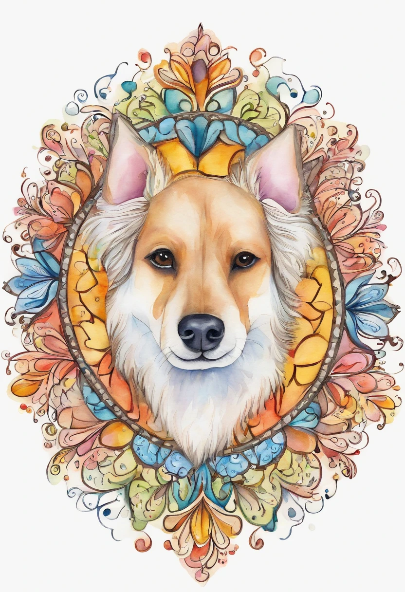 vibrant color drawing of a simple cute dog based mandala