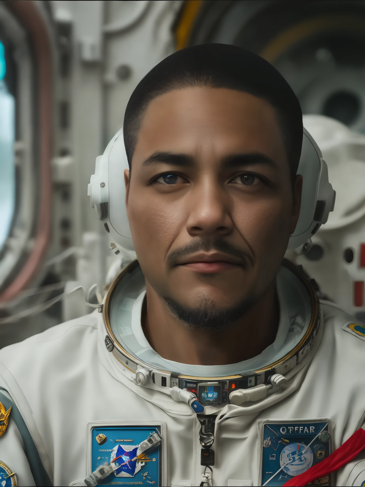 (best quality,8k UHD,HDR,high-res,masterpiece:1.2),(photorealistic,realistic:1.37),(portrait,concept art,landscape),(vibrant colors,dynamic lighting),(detailed textures,captivating composition),(FujiFilm XT3),astronaut suit,kevhart's detailed face and expression,astronaut helmet,star-filled universe,exploration,satellite in orbit,crisp focus,wispy clouds in the sky,earth's curvature,distant galaxies,moon-like terrain,thoughtful pose,space photography aesthetics,grainy film effect,captivating atmosphere,cosmic perspective