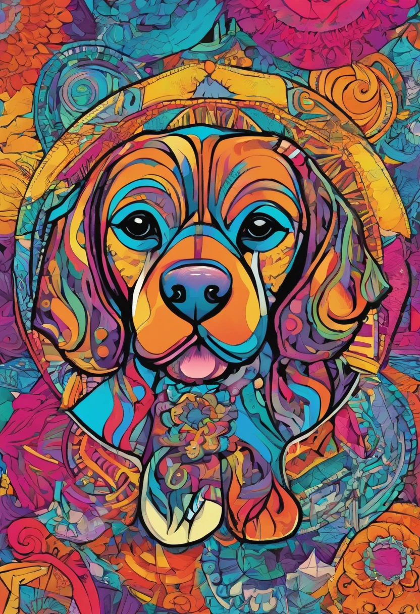 vibrant color drawing of a simple cute dog based mandala