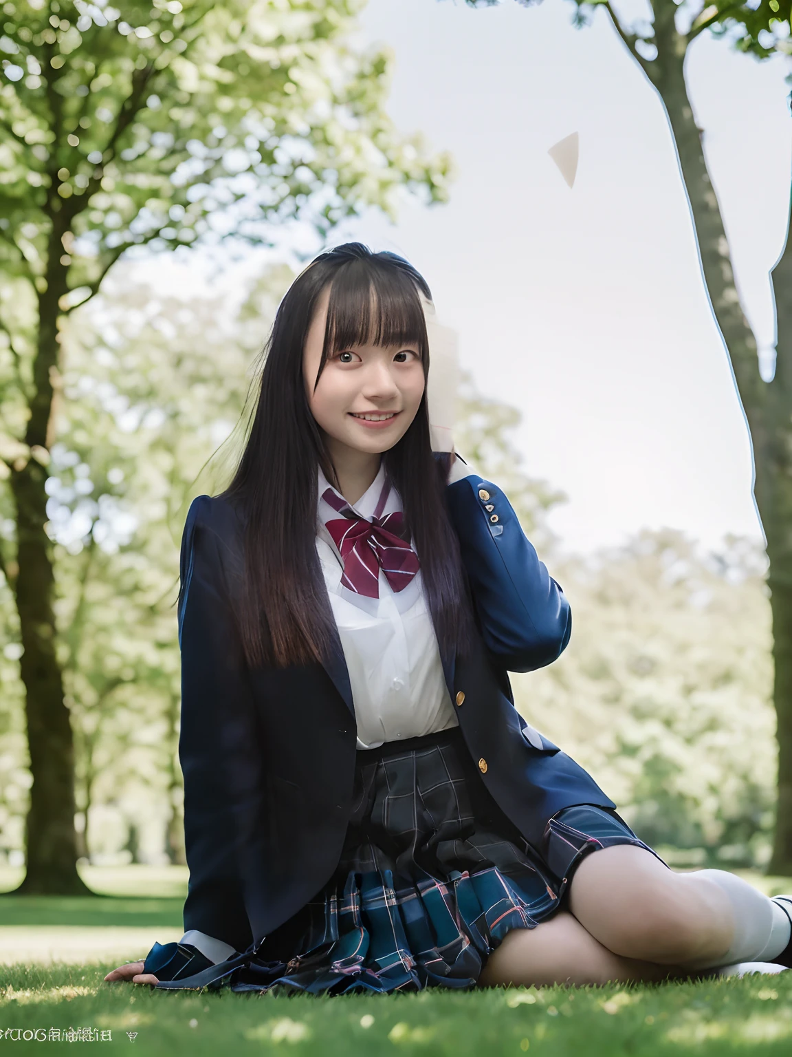 masterpiece、Top image quality(8K、top-quality、masterpiece:1.2)、(realisitic、Photorealsitic:1.37)、ultra-detailliert、Cloudless blue sky,The sun's rays are shining brightly.,Beautiful high school girl sitting on lawn in big park,Blazer Uniform,Black plaid pleated skirt,You can see the forest at the back of the park,depth of fields,The distant view is blurry,18year old