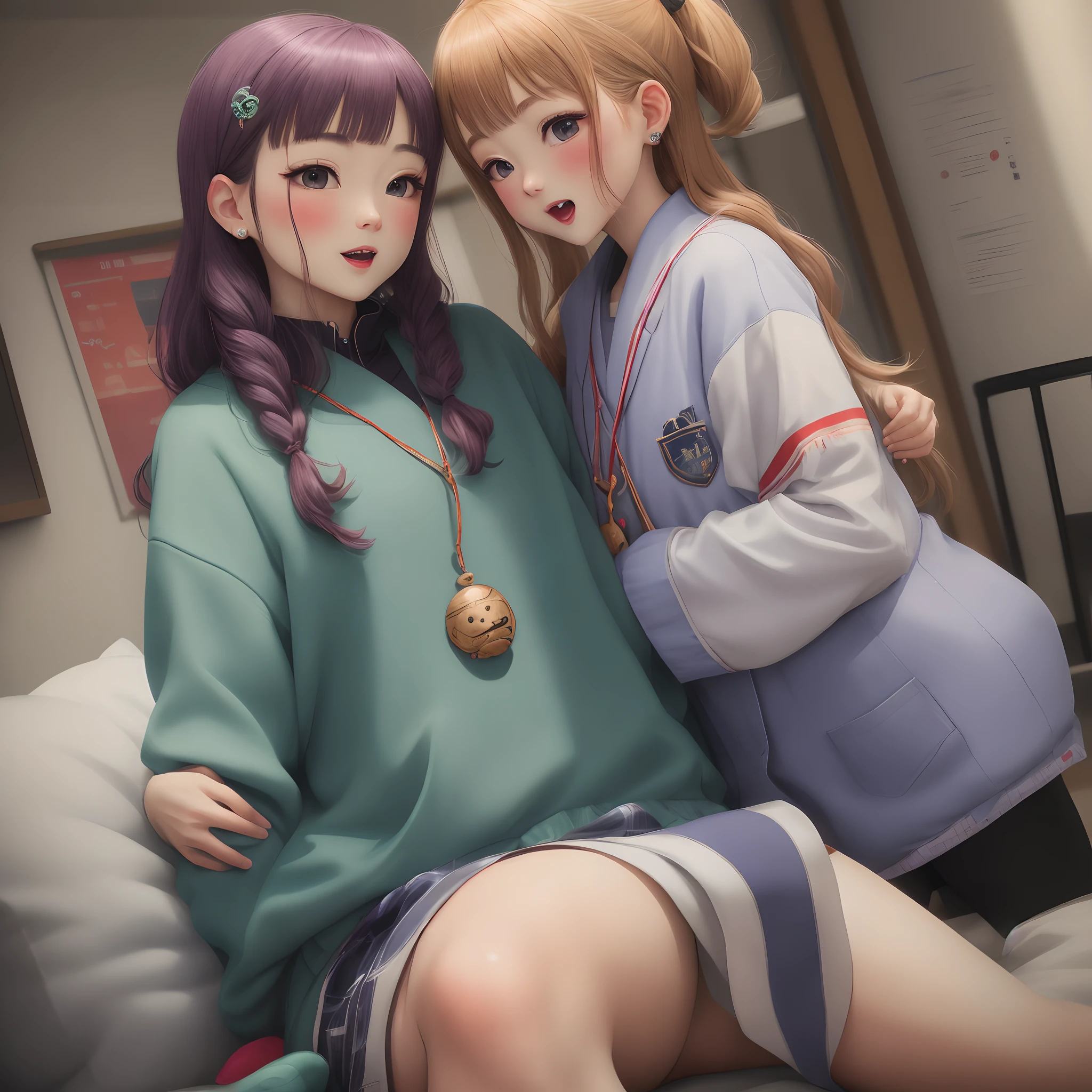 masterpiece,best quality,best resolusion,1 girl,2 heads,detailed,Mihari Oyama character,brown hair with a hint of purple tied into two buns,wearing a D-shaped gold hair clip,yellow eyes,wearing red clothes(wearing an open white lab jacket),wearing long brown tights,playing on the laptop,looking at the laptop,sitting on a black chair,normal breasts,background in the house,beautiful face,beautiful hair,beautiful eyes,beautiful body,beautiful hand
