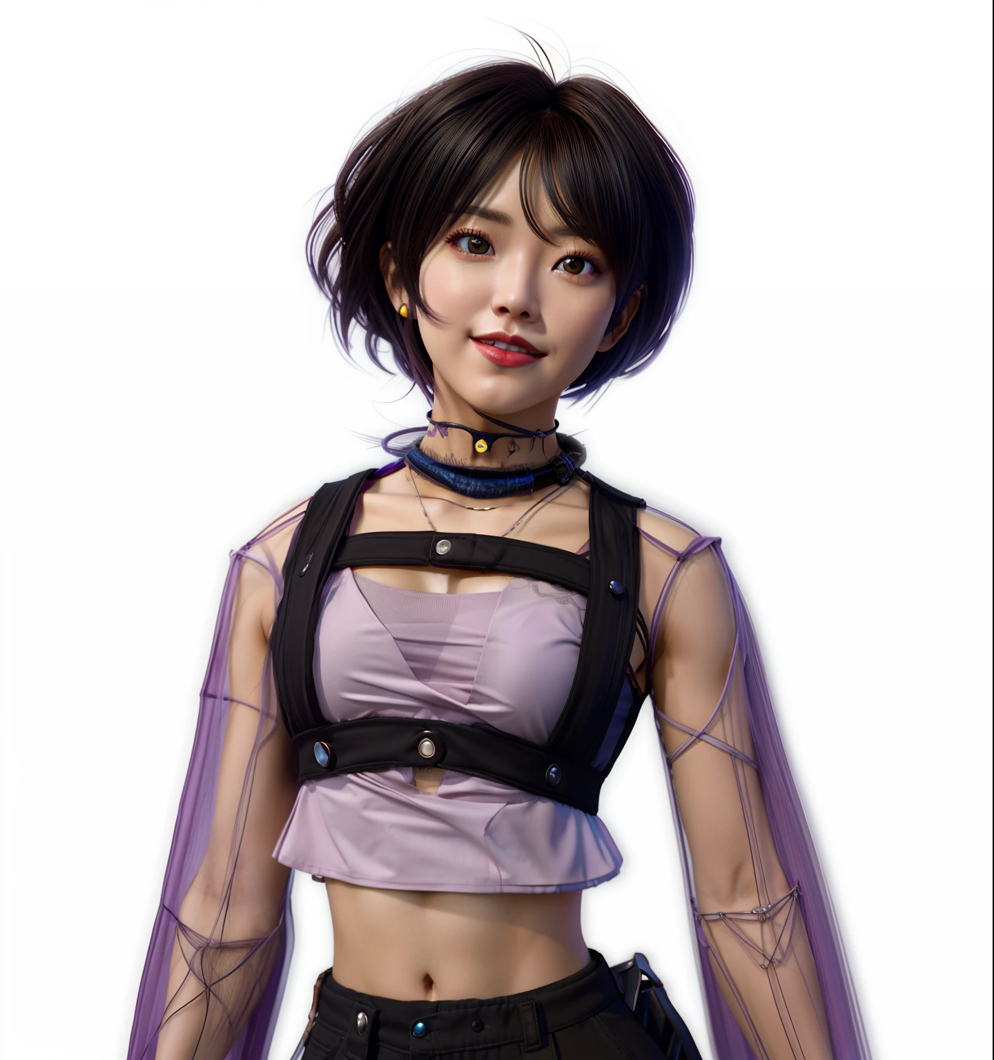 Chica asiatica con un top cuello largo con mangas largas lavanda y falda negra posando para una foto,Render de una linda chica, inspirado por momo hirai,personaje ciberpunk, arneses negros, retrato realista