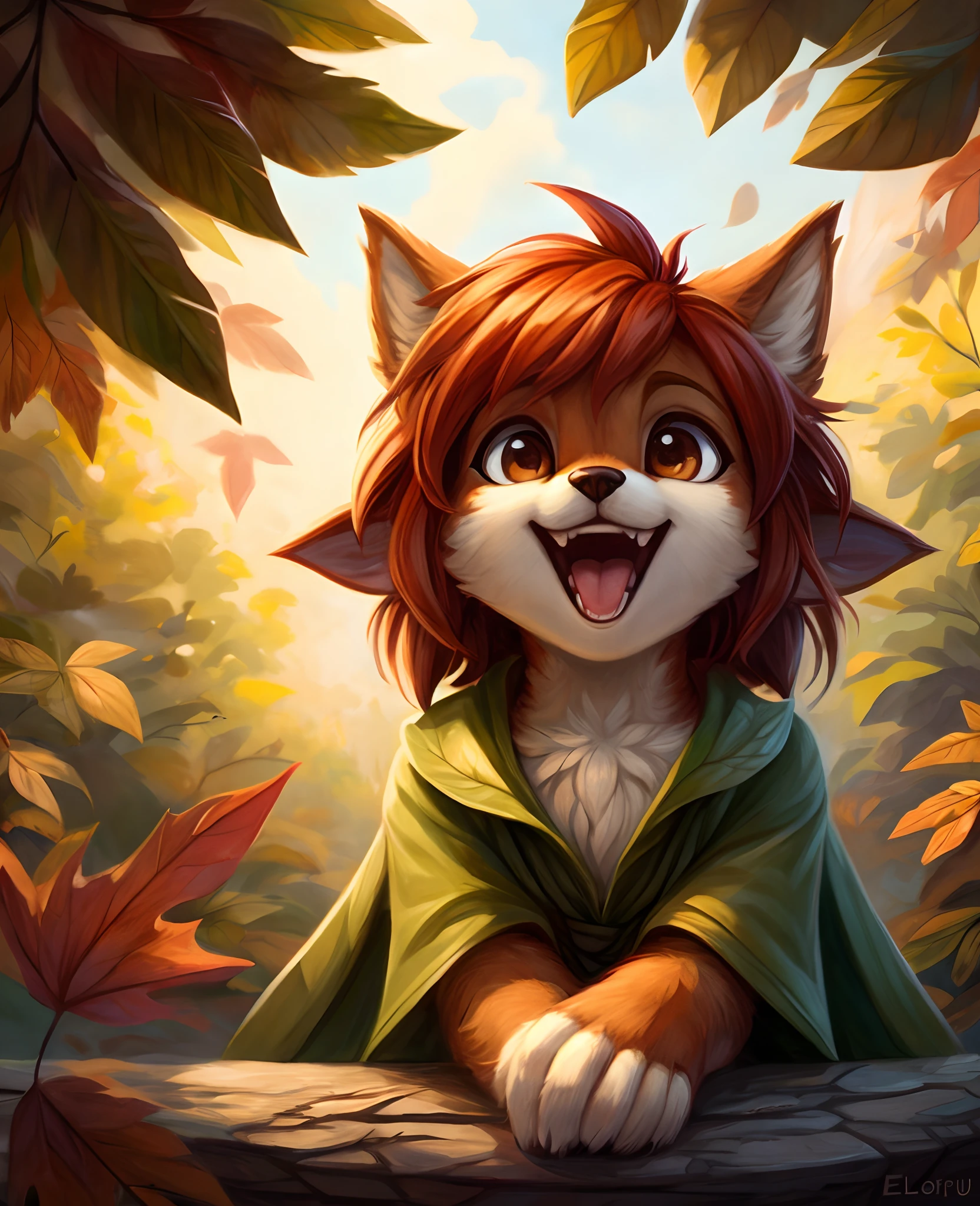 hioshiru,,, elora furry, detailed and extremely fluffy body fur, fluff, masterpiece, looking up beautiful surroundings, detailed background, happy, leaf-dress,
