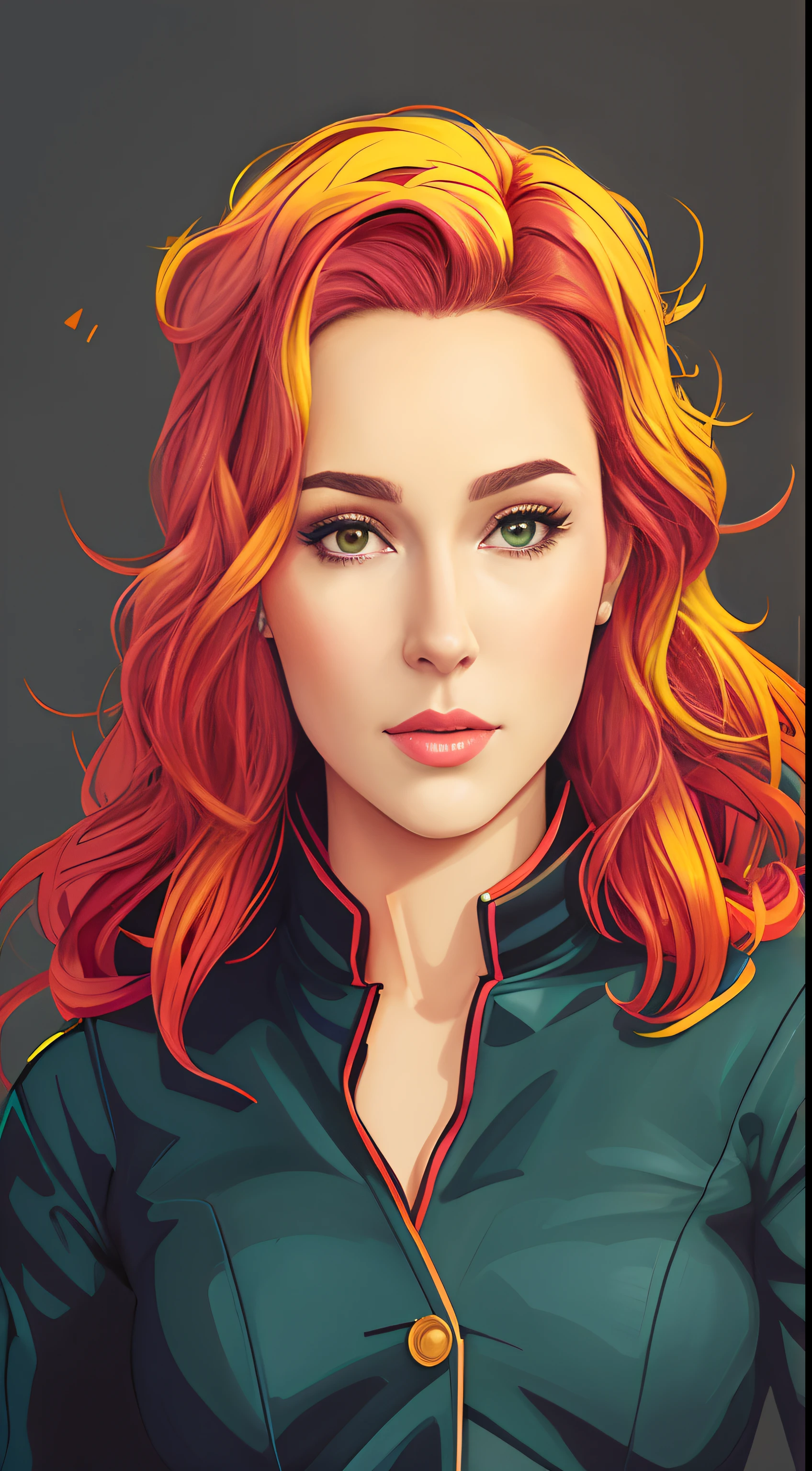 um close up de uma mulher com cabelos ruivos e uma jaqueta verde, Retrato de Jean Grey, jean cinza, fanart requintada altamente detalhada, Epic portrait illustration, Retrato de corpo inteiro de Jean Grey, fan art, fanart detalhado, Martin Ansin, Retrato da obra, arte de personagem impressionante, Lois van Baarle e Rossdraw, vibrant fan art, arte do retrato do personagem