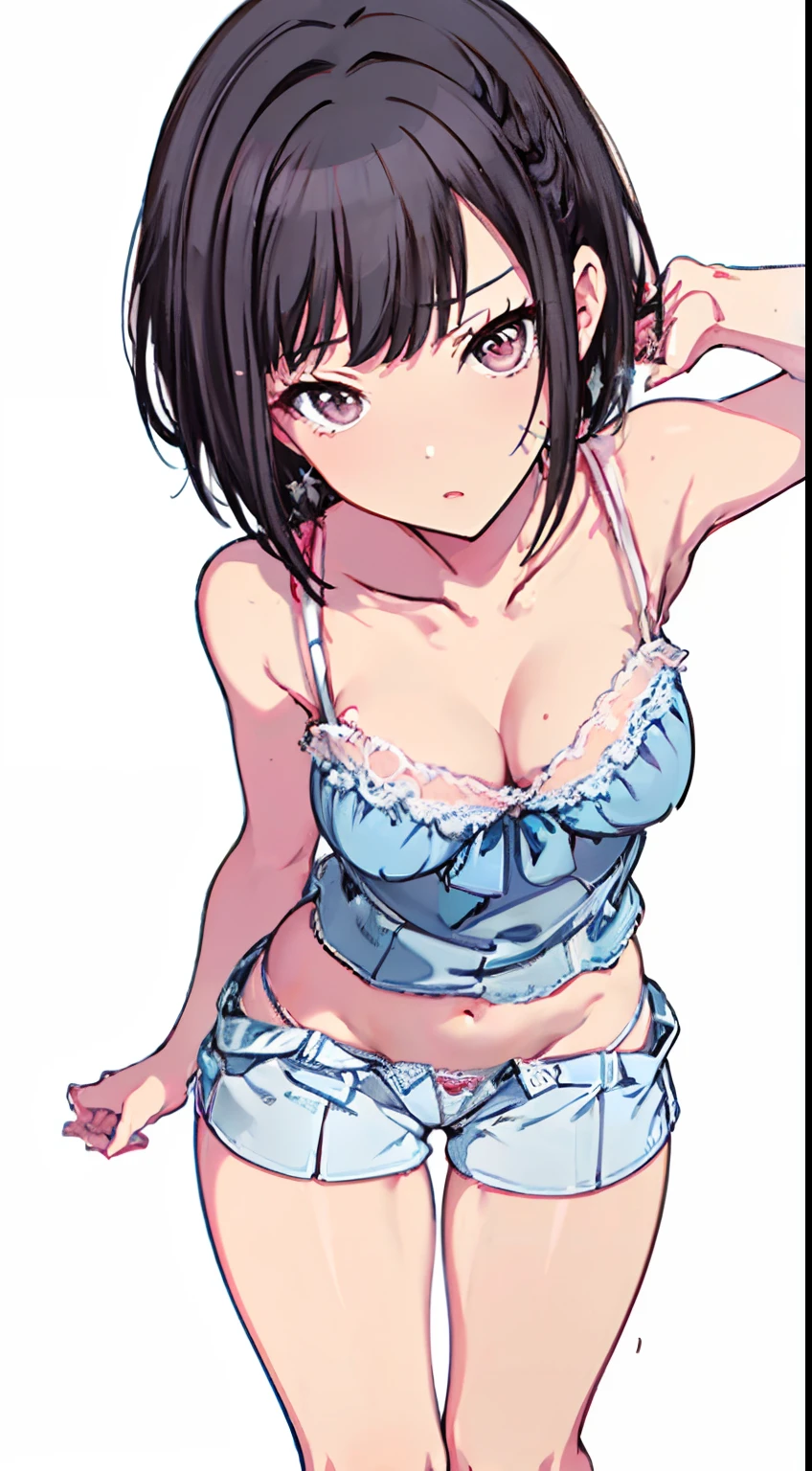 (Light blue camisole　Pull up the skirt to show white panties　The bra is visible　Gravure Pose　Very detailed down to the smallest detail　clear outlines　Beautiful face　Beautiful skin)  thin-waist　A slender　ribbed　skinny limbs　teats　cleavage of the breast　Beautiful breasts　a short bob　Uterine mouth　Beautiful fingertips　Light blue nails　Anime style