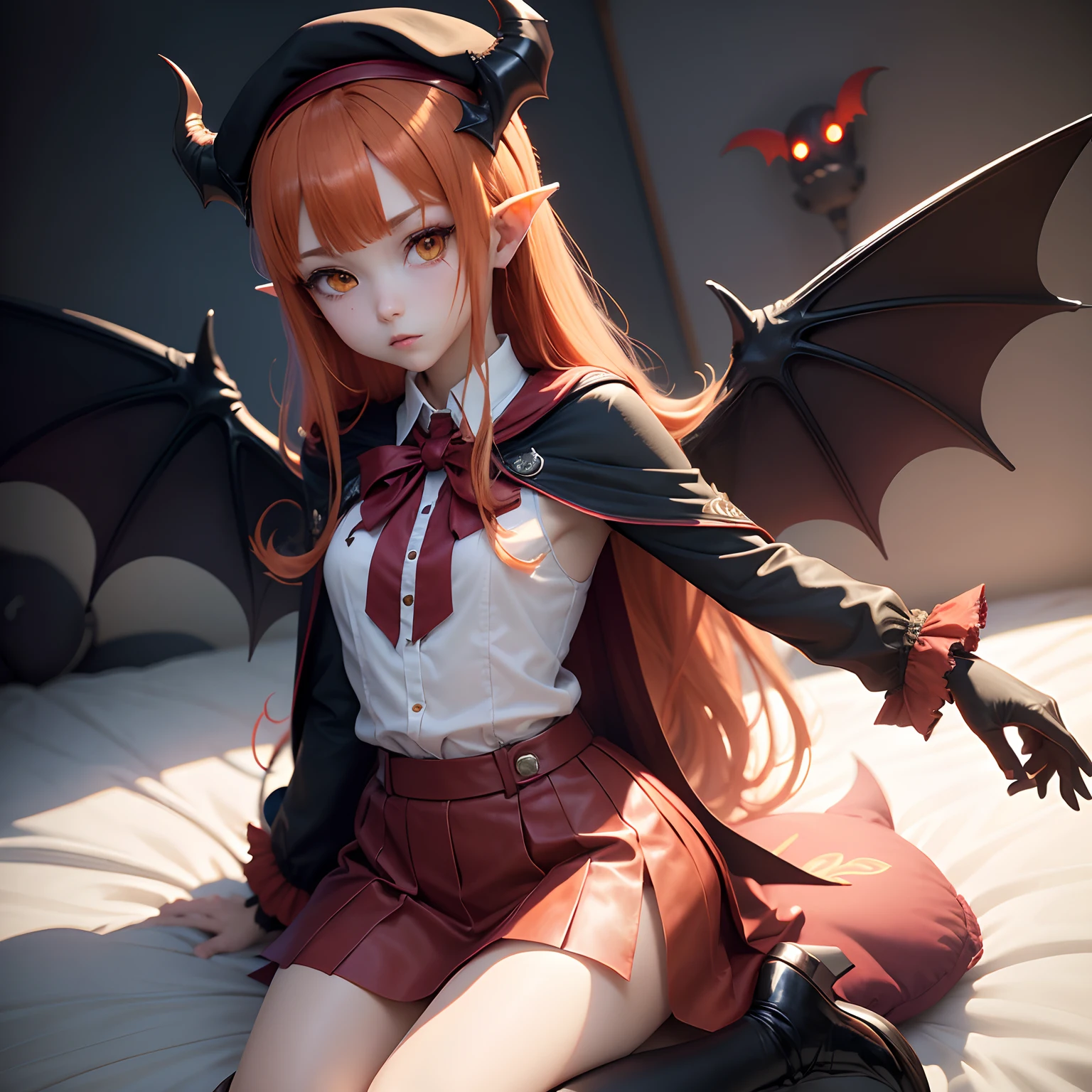 masutepiece, Best Quality, 1girl in, Solo, Yellow eyes, Red hair, Medium chest, Demon Girl, demon tail, Demon Wings, small demonic horns, pointy ear,Twin-tailed, Bat hair ornament, Cape, White shirt, White legwear, stuffed toy, plushies, beret, gloves, Bangs, hat