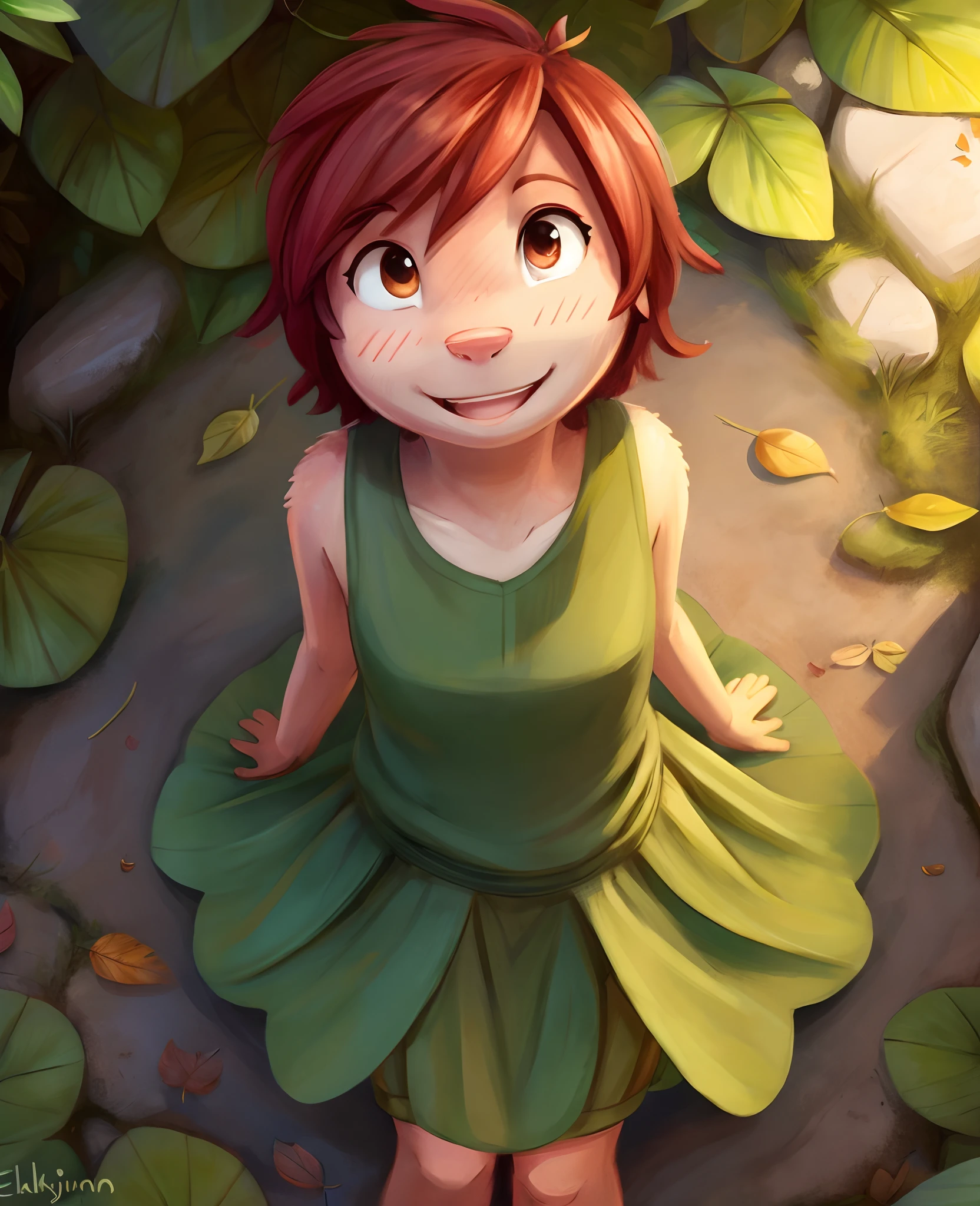 funkybun ,,, elora furry, detailed and extremely fluffy body fur, fluff, masterpiece, looking up beautiful surroundings, detailed background, happy, leaf-dress,