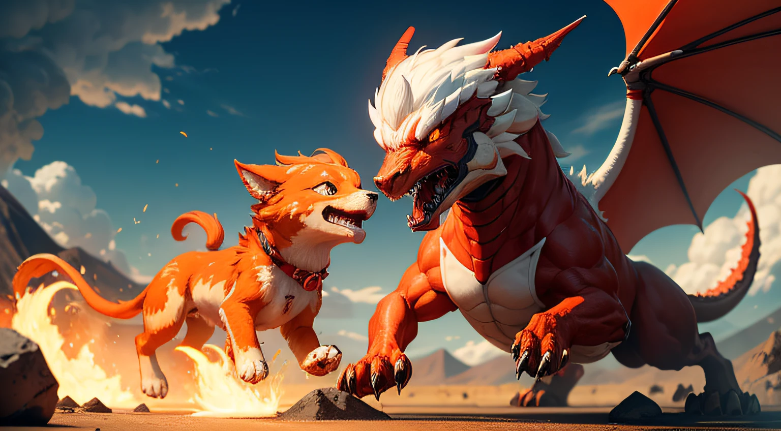 un perro de color cafe con blanco luchando contra un dragon rojo con volcanes y lava a su alrededor.