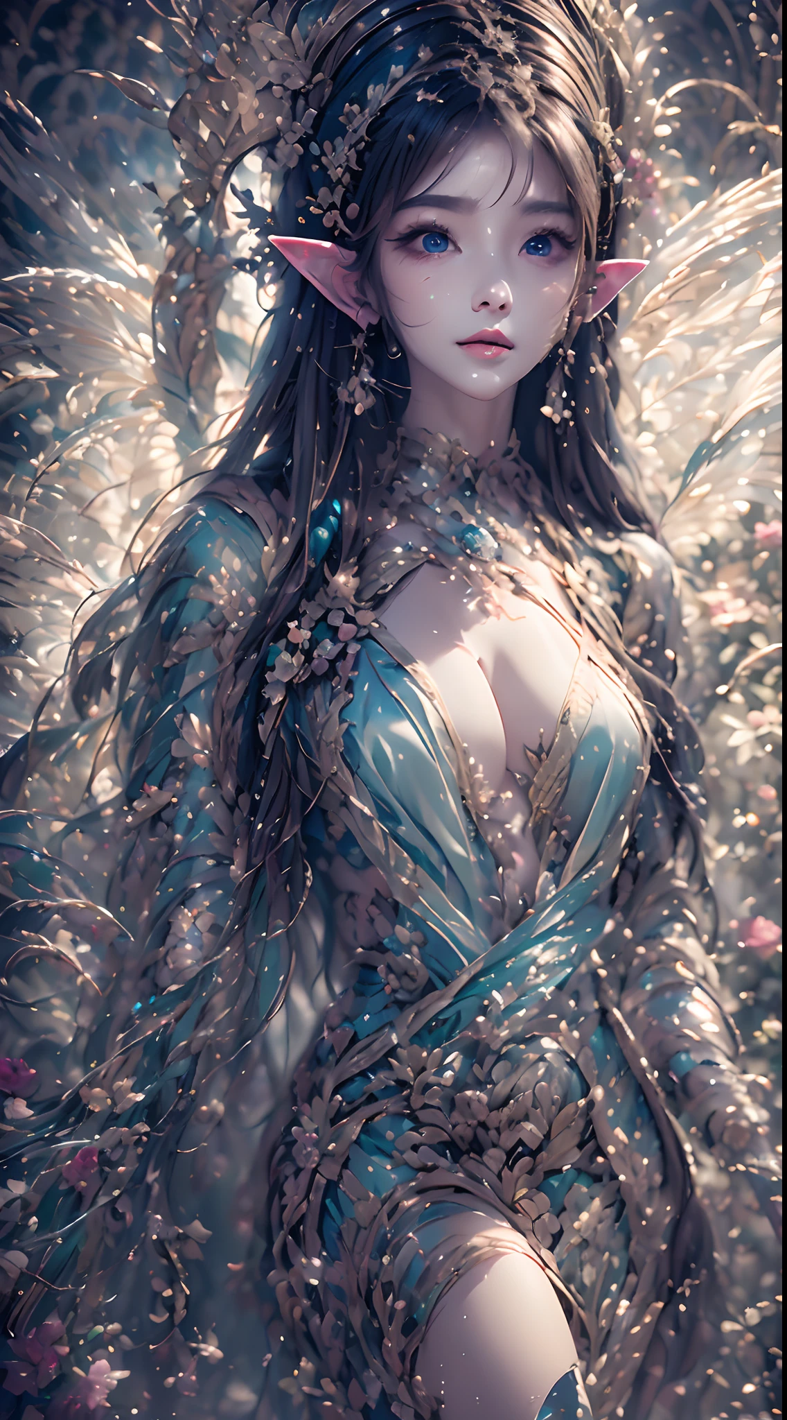 ( Absurd, High quality, Ultra-detailed, Masterpiece, concept-art, smooth, high detail artwork, Hyper-realistic painting ) , elf, Plum elf, plum , Transparent fairy wings, low chest,fairytale-like, Romantic, Vivid, Whole body, In nature with waterfalls,pureerosface_v1,ulzzang-6500-v1.1,