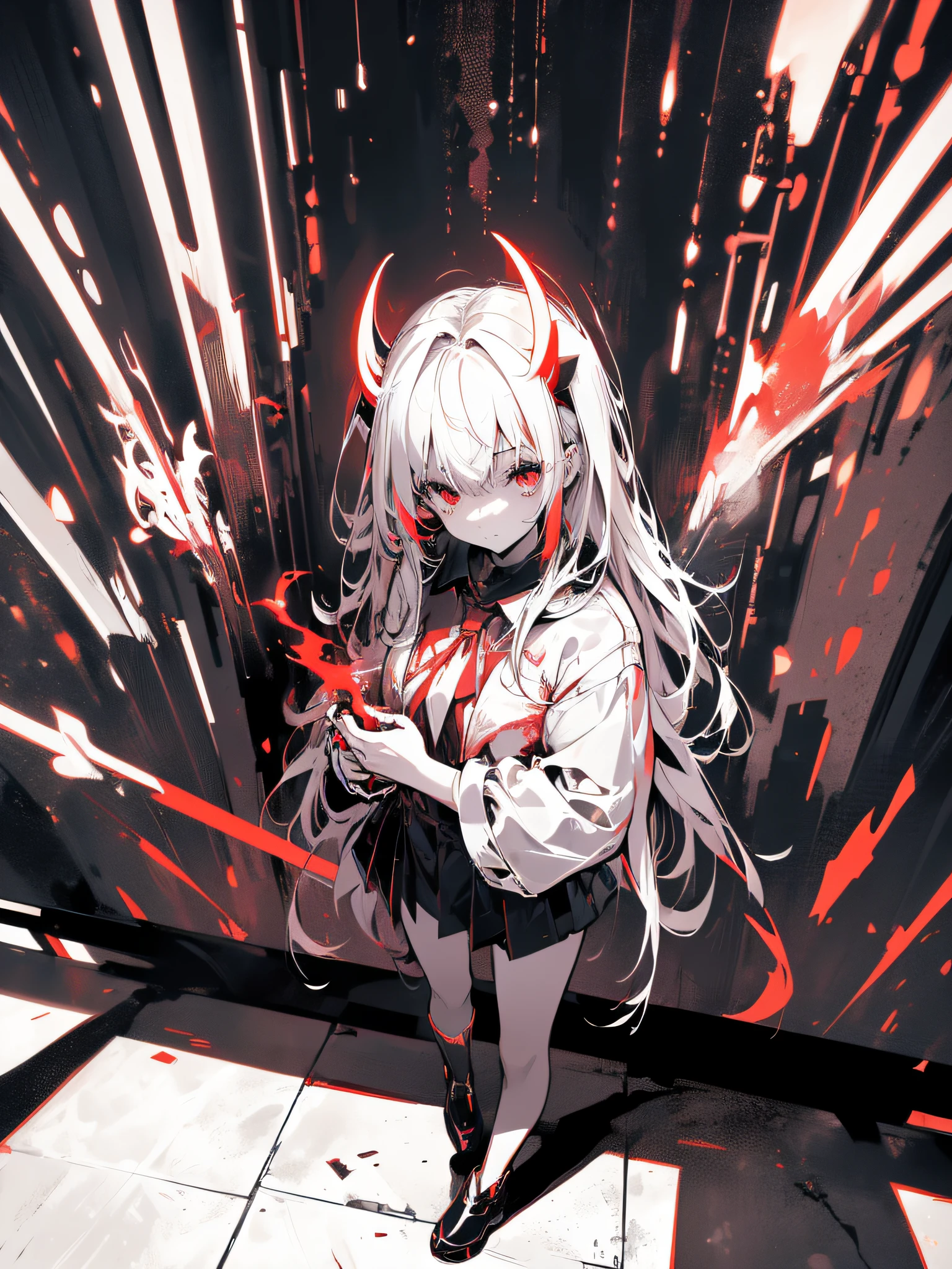 A girl with demonic horns and incandescent blood red eyes, face slightly upwards and slightly to the left, serious face, long straight black hair, wearing a trench coat, black high-heeled boots, black wings drooping, blood red halo, hands in pockets, walking on a dark street between dark buildings, (ultra-realistic), {extremely detailed 8k CG unit wallpaper}, expansive landscape photography, (a centered view that prioritizes character and setting, (wide field view wide), (low angle shot), (high light: 0.5), (low light: 1.2), (warm light source: 1.4), complex details, (iridescent colors: 1.7), (bright lighting), (lighting atmospheric), surrealist, dreamy, photography