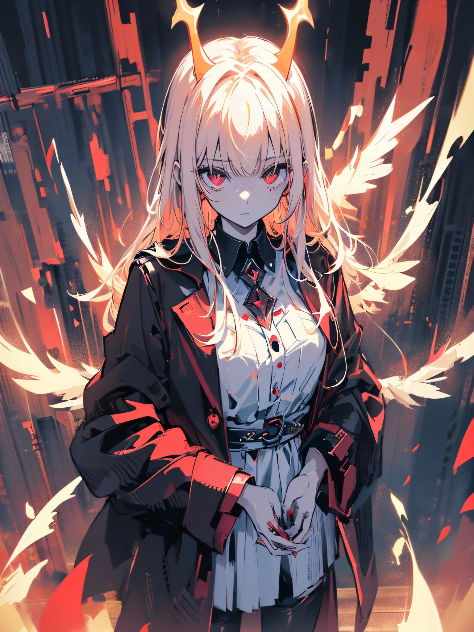 A girl with demonic horns and incandescent blood red eyes, face slightly upwards and slightly to the left, serious face, long straight black hair, wearing a trench coat, black high-heeled boots, black wings drooping, blood red halo, hands in pockets, walking on a dark street between dark buildings, (ultra-realistic), {extremely detailed 8k CG unit wallpaper}, expansive landscape photography, (a centered view that prioritizes character and setting, (wide field view wide), (low angle shot), (high light: 0.5), (low light: 1.2), (warm light source: 1.4), complex details, (iridescent colors: 1.7), (bright lighting), (lighting atmospheric), surrealist, dreamy, photography