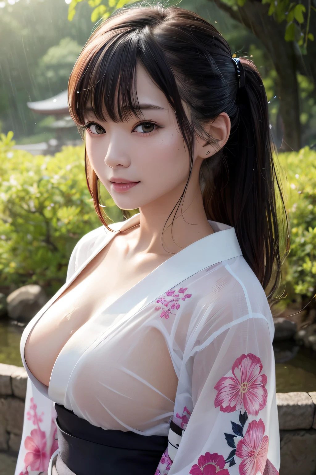 Best Quality、masutepiece、超A high resolution、(Photorealistic:1.4)、(Thin eyebrows:0.2)、(thin lipss:0.8)、(small nose:0.8)、Appearance without makeup、japanes、adult lady、up hair、(Colorful yukata:1.2)、(Light kimono:1.3)、(collars:1.2)、(Japan kimono obi:1.2)、Smile、(the perfect body:1.2)、dynamicposes、Big breasts、Sweaty skin、Getting wet in the rain、(Sheer skin:1.2)、Summer scenery、By Michelangelo、ulzzang -6500-v1.1