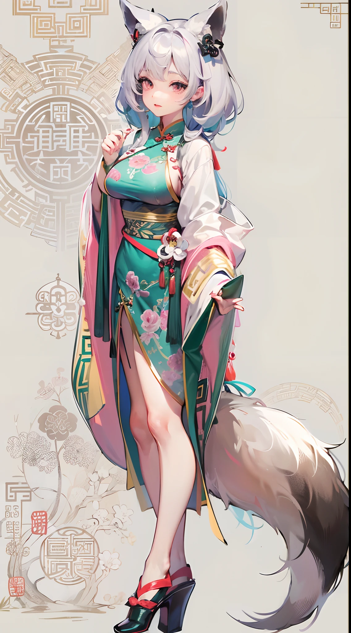 a beauty girl,Mature face,a matural female,Fluffy tail hair,Ultra-loose underwear,clothes slipping off,Anterior convex and posterior,Straight chest,Ruddy complexion,Huge fox tail,nabel,(huge tit),adventurer,tit,areola of breast,pantiess,Stockings,Human Services Group,(Chinese tradition),(Pubic bone),(on cheongsam),Blue hair,shy,(blacksilk),(huge tit),((tit)),pink tattoo