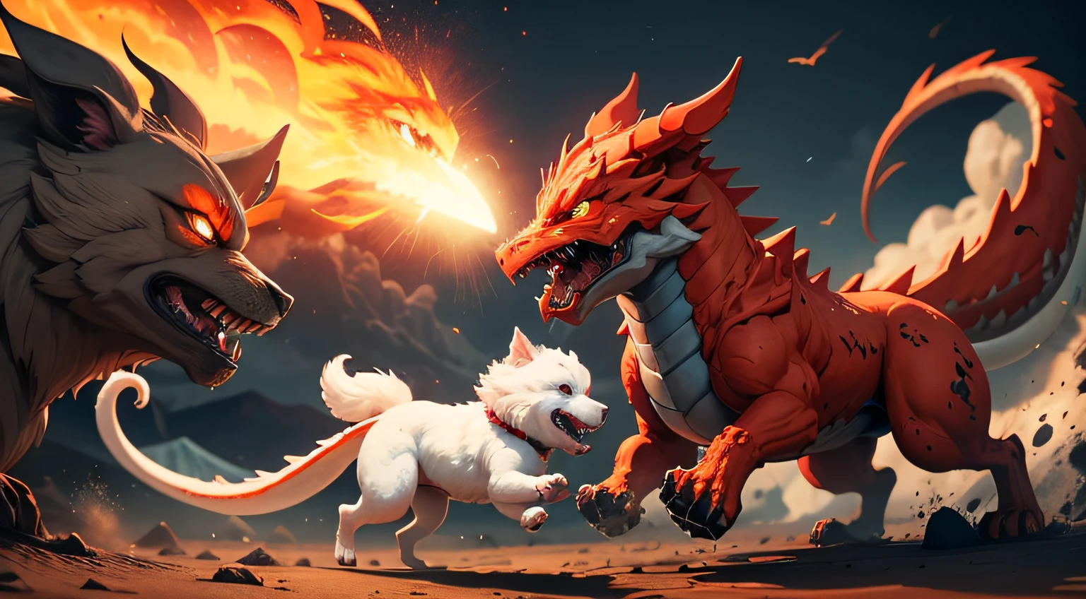 un perro de color cafe con blanco luchando contra un dragon rojo con volcanes y lava a su alrededor.