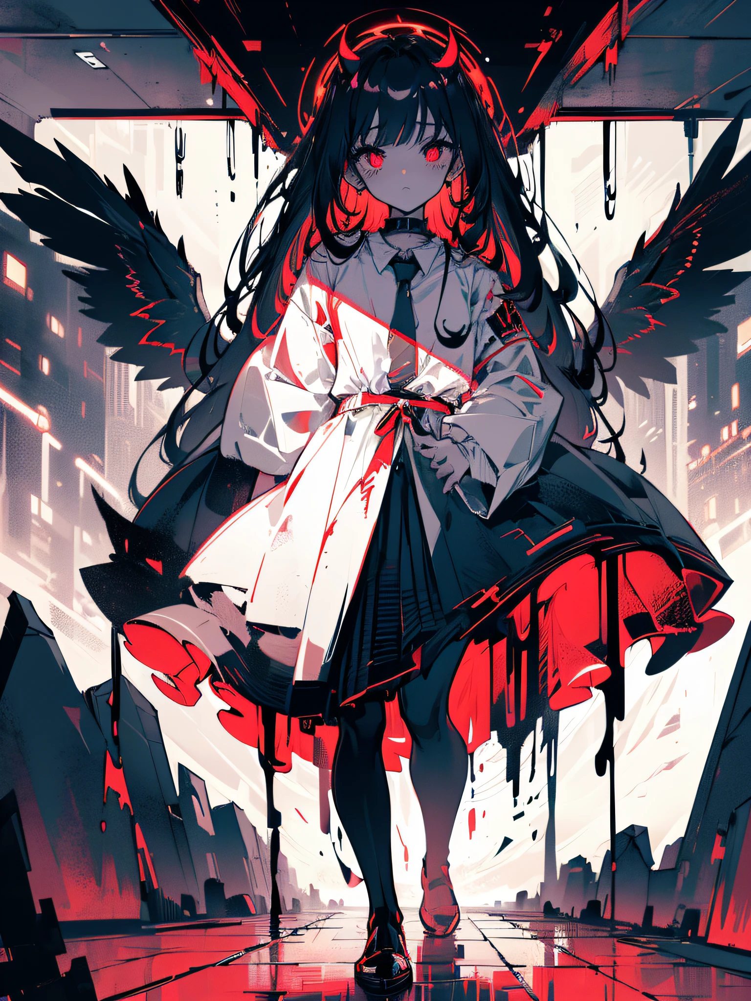 A girl with demonic horns and incandescent blood red eyes, face slightly upwards and slightly to the left, serious face, long straight black hair, wearing a trench coat, black high-heeled boots, black wings drooping, blood red halo, hands in pockets, walking on a dark street between dark buildings, (ultra-realistic), {extremely detailed 8k CG unit wallpaper}, expansive landscape photography, (a centered view that prioritizes character and setting, (wide field view wide), (low angle shot), (high light: 0.5), (low light: 1.2), (warm light source: 1.4), complex details, (iridescent colors: 1.7), (bright lighting), (lighting atmospheric), surrealist, dreamy, photography