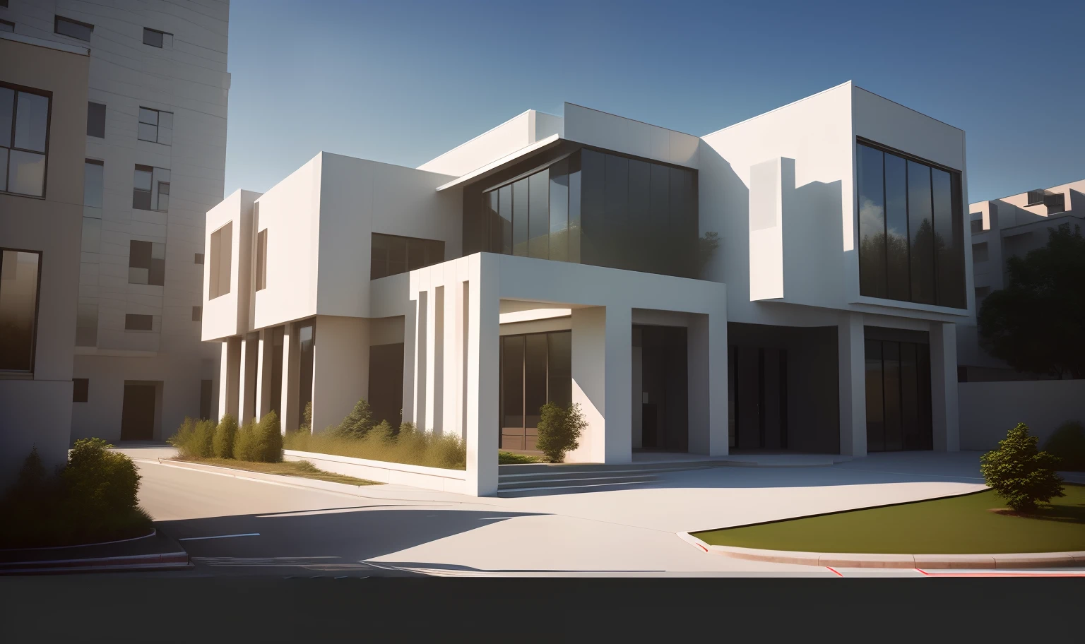 masterpiece, (photorealistic:1.2), best quality, ultra high res, exterior,architechture,modern house,white wall, glass windows,,trees,traffic road,design,trees around, blue sky,in the style of realistic hyper-detailed rendering, 32k uhd, low-angle, composite construction, piles/stacks, innovative page design, daylight,render( Vray:1.1)Negative promt:lowres, text, cropped, worst quality, low quality, normal quality, signature, watermark, username, blurry,skech,logo,blurry, drawing, sketch, poor quality, ugly, low resolution, saturated, high contrast, oversharpened,low quality, bad anatomy, worst quality,deformed,  disfigured, cropped, jpeg artifacts, error, mutation,noise