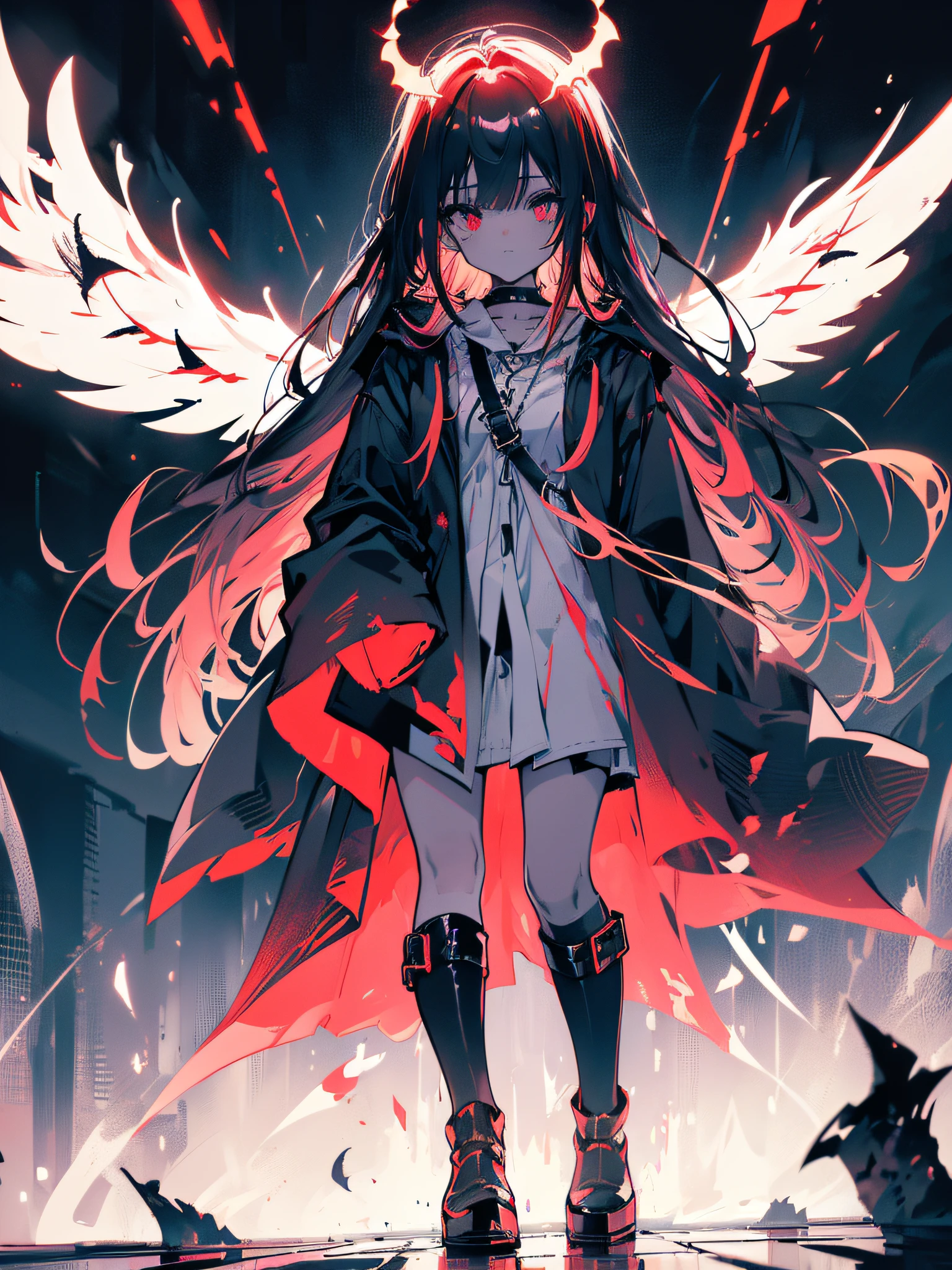 A girl with demonic horns and incandescent blood red eyes, face slightly upwards and slightly to the left, serious face, long straight black hair, wearing a trench coat, black high-heeled boots, black wings drooping, blood red halo, hands in pockets, walking on a dark street between dark buildings, (ultra-realistic), {extremely detailed 8k CG unit wallpaper}, expansive landscape photography, (a centered view that prioritizes character and setting, (wide field view wide), (low angle shot), (high light: 0.5), (low light: 1.2), (warm light source: 1.4), complex details, (iridescent colors: 1.7), (bright lighting), (lighting atmospheric), surrealist, dreamy, photography