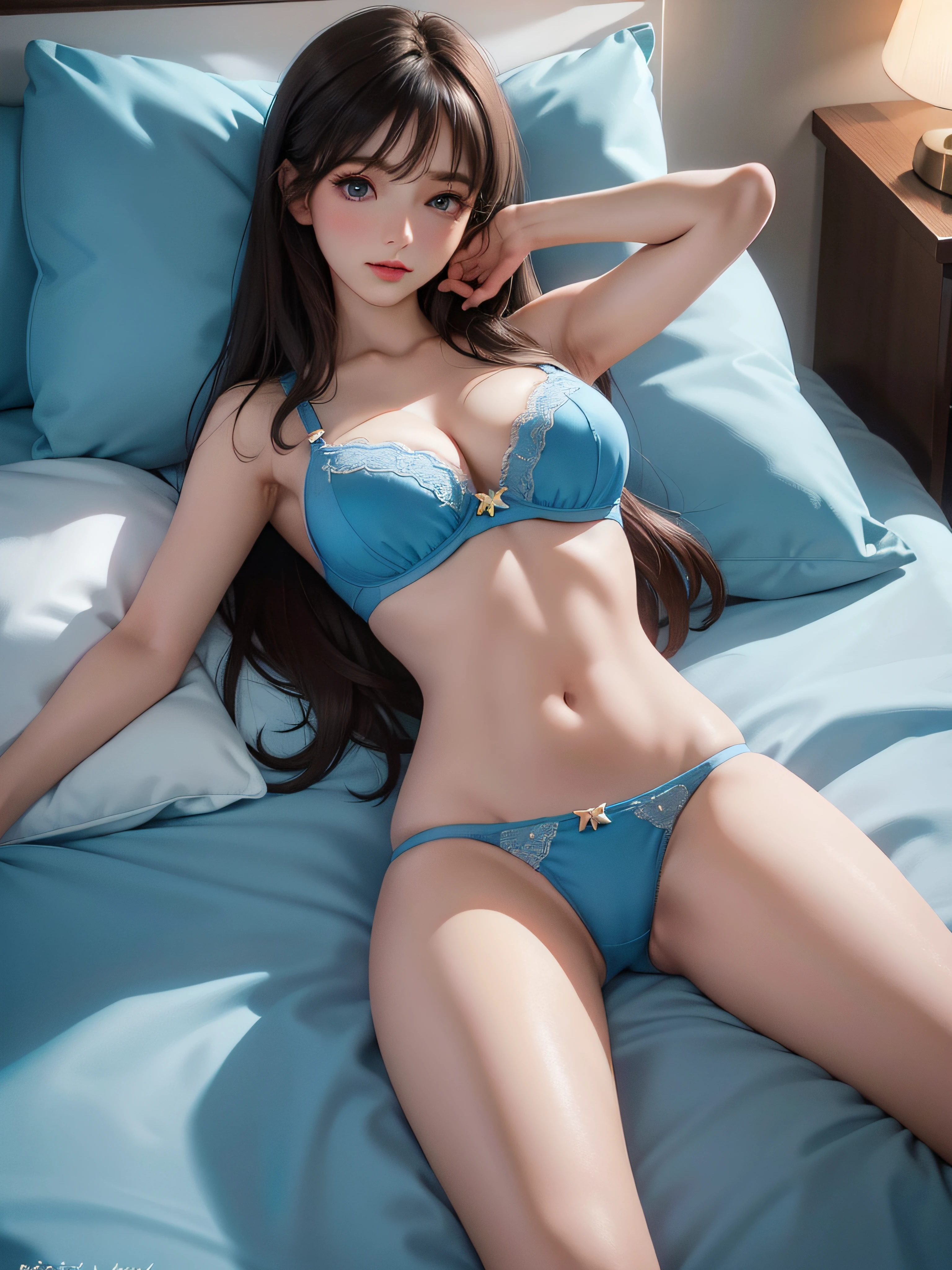 ​master piece, best qualtiy, (Lifelike, Photorealsitic:1.37), in 8K, extremely delicate and beautiful, astonishing, finely detail, officlal art, absurderes, Incredibly ridiculous, hugefilesize, Hyper-detailing, ighly detailed, Beautiful detailed girl, Of Japanese,1girl in, (Perfect female body), full bodyesbian, middlebreasts, (Soft Focus: 1.5), Sleeping girl, 26 years old, she is wearing blue panty, she is wearing blue pajama, she is wearing blue bra, long brown hair, rich lighting, room lighting, [[open legs, spread legs]], (solo), dynamic pose, (slim legs), garter stocking,purple eyes, star-shaped pupils