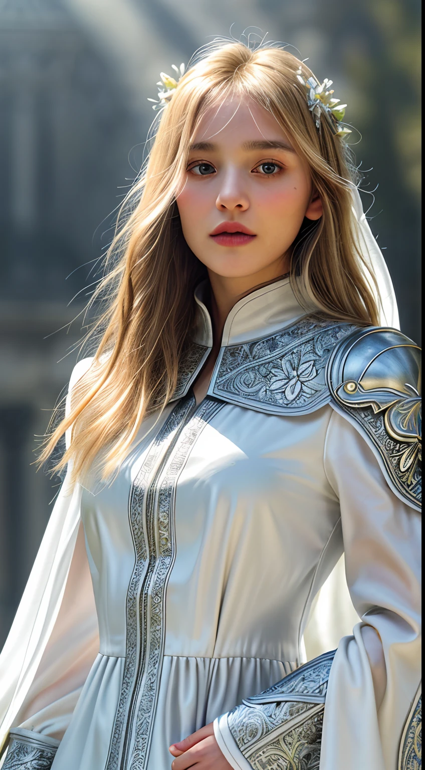 Extremely detailed RAW photo, (rogue thief:1.2) european nordic 19yo female wearing stitched layer (leather armor:1.2), (embroidered white silk cloak), (fabric with intricate pattern:1.2), (insanely detailed, bloom:1.3), (highest quality, Alessandro Casagrande, Greg Rutkowski, Sally Mann, 8k), (analog:1.2), (high sharpness), (detailed pupils:1.2), detailed face and eyes, masterpiece, best quality textures, (highly detailed floral patterns:1.1), photorealistic, ecstatic:1.1), (young woman:1.2), sharp, (perfect body:1.2), half body (gothic temple background:1.1), sunset, god rays, blonde short hair, midshot, centered image, ultra detail, extremely face detail, extremely eye detail