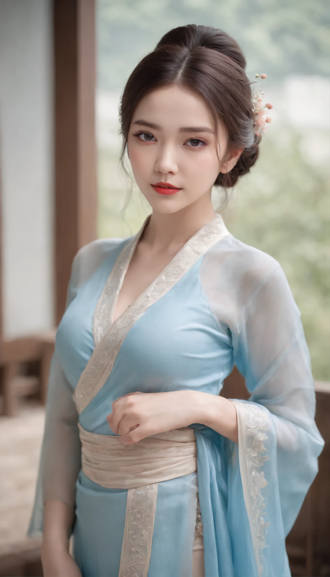 1 beautiful and cute reality show girl, Gentle young girl, Waist length hair, cabelos preto e longos，Slightly blue, Light blue eyes, wearing a long, Thin, a blue dress，Hanfu style, ((a blue dress，White lace border covers the girl's:0.8)), Style Hanfu, Wearing an ancient Chinese silk shirt, Pink and smooth white skin, Wear low-key antiques, Oday, appears shoulders and head in the photo,Cute little face, Eye bags under wet makeup, Plump red lips, Pout, ((Closed mouth:1.0)), Balance incisors, Embarrassed, Small face makeup explained，Tremendously beautiful, Breasts are super round and firm, Breasts are plump，A plump chest， Blum chest cabinet, ((Cover the girl's chest with a camisole inside:1.2)), Blush, From the front side, Wear earrings, choker necklace, From above, view the viewer, Upturned eyes,  Masterpiece, Top quality, Best quality, offcial art, Unity 8k wallpaper, A high resolution, Ultra-high RES, Ultra-detailed, (Photorealistic:1.2), Alone, Solo, only 1girl, Style Hanfu Dunhuang, 10x pixel, Super realistic, Ultra high quality, Full body view of girl,  Seven-doppelganger shot,