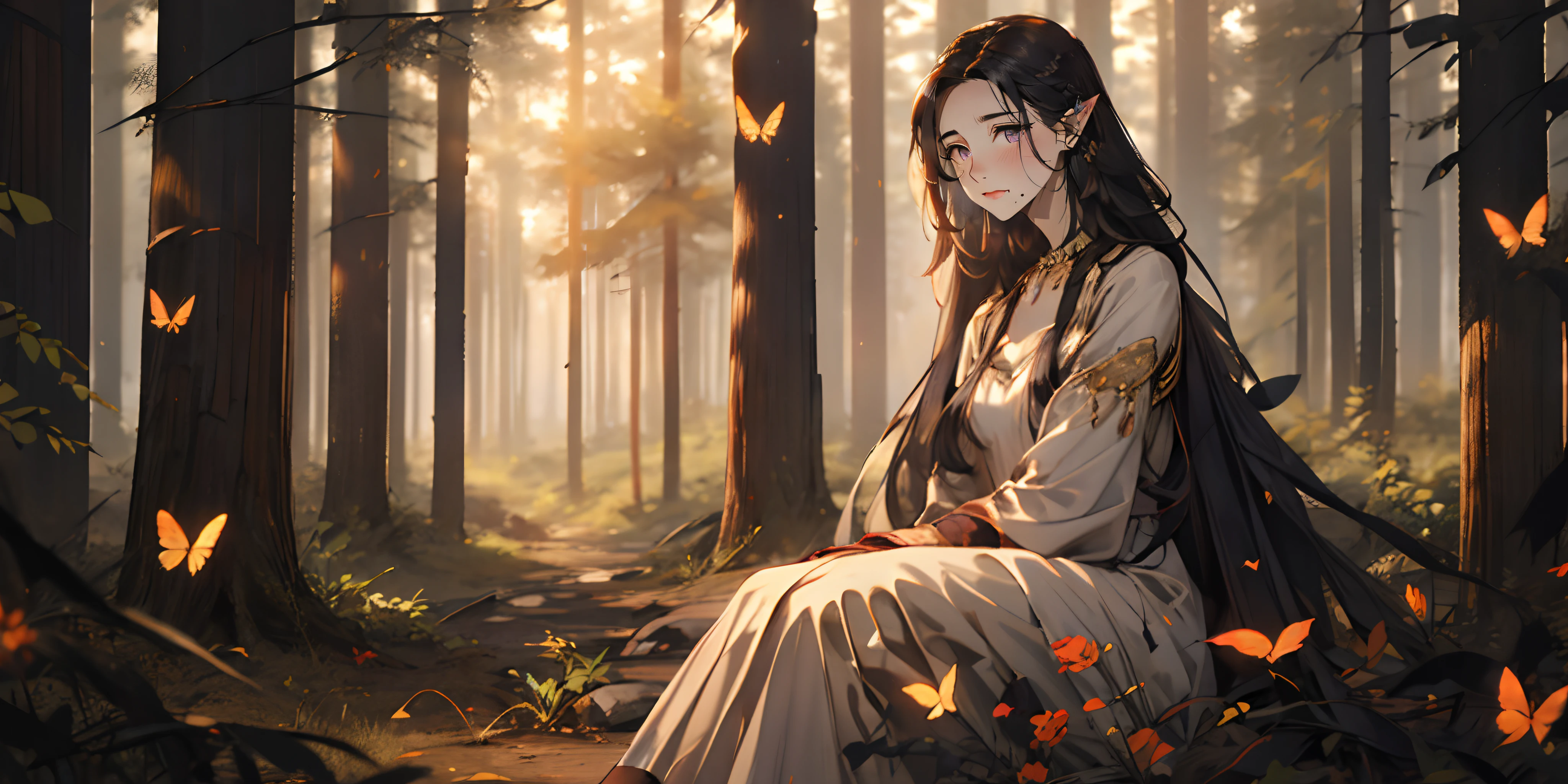 long hair, pointy ears, black hair, purple eyes, jewelry, neckalce, 1girl, solo, nature, wide_sleeves, forest, tree, black_legwear, long_sleeves, sitting, looking_at_viewer, outdoors, autumn_leaves, autumn, jewelry, fire, insect, bug, dress, butterfly, blush