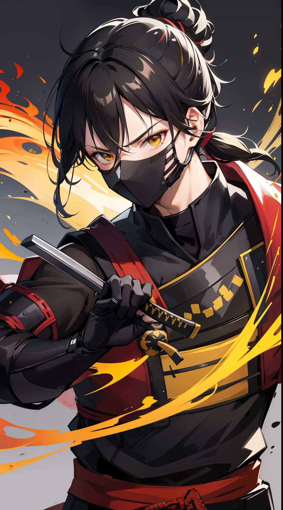 Grown-up guy, short black hair, high ponytail, Brown eyes, mask, Yellow shinobi kimono, Sleeveless, Scorpion, fire, katana, Masterpiece, hiquality, 4k, HD, Good detail
