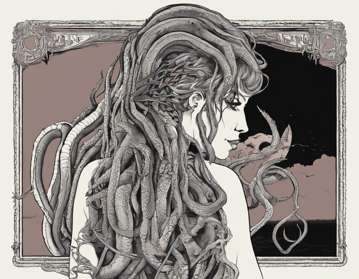 Medusa, hand drawn ink on paper illustration, vintage 2d line art, double exposure, optical illusion, snake skin dress, (face, ornate black metal corpse paint, resembles Grace Jones), (art style "Sean Gordon Murphy" comic drawing, splash panel), body drawn in Frederic Delavier musculature anatomical illustration art style, snake-haired, candid, (horror, abstract, surreal, body, cosmic), (lamia, gorgon, snake woman hybrid, human upper-body, snake tail lower-body), (background, pine barrens, entropy, rewilding, magic hour nautical twilight), (snake-haired head covered in snakes, resemble pantera great southern trendkill), silhouette, full length portrait, (Naga, snakefolk), (colors, forest green to earth brown, merge bleak muted deep fiery radiant glowing CMYK hues, (art style Gerardo Zaffino charcoal), nyctophobia,