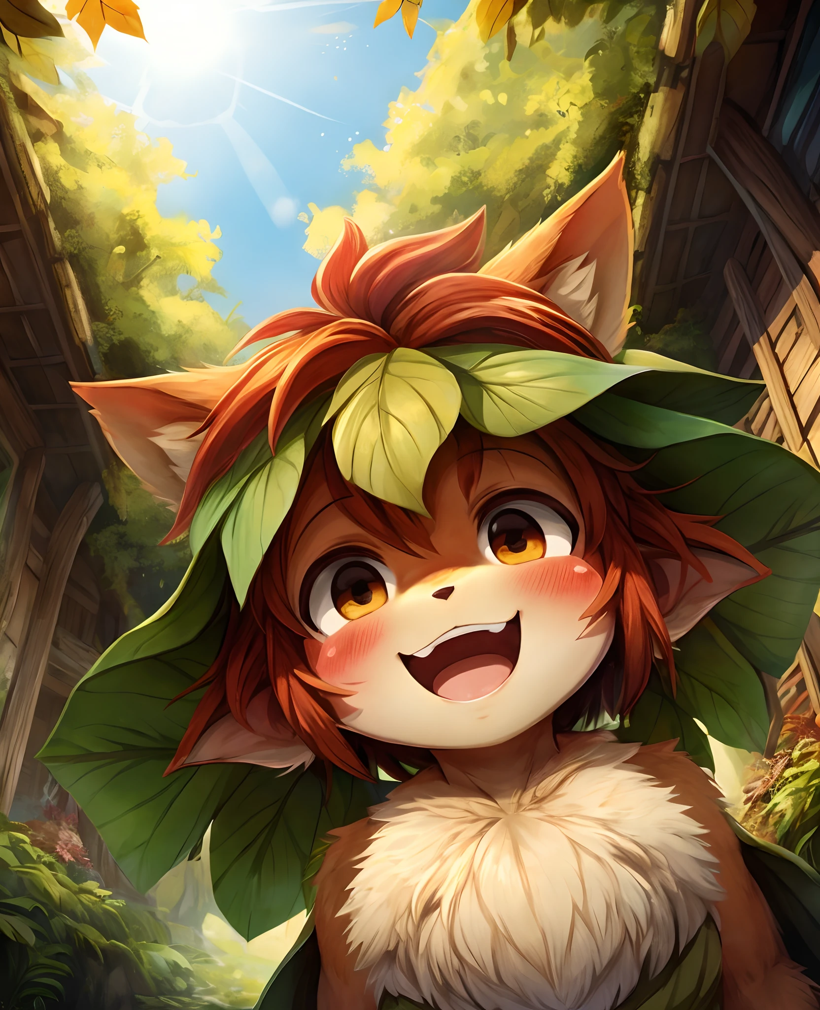 dagasi ,,, elora furry, detailed and extremely fluffy body fur, fluff, masterpiece, looking up beautiful surroundings, detailed background, happy, leaf-dress,